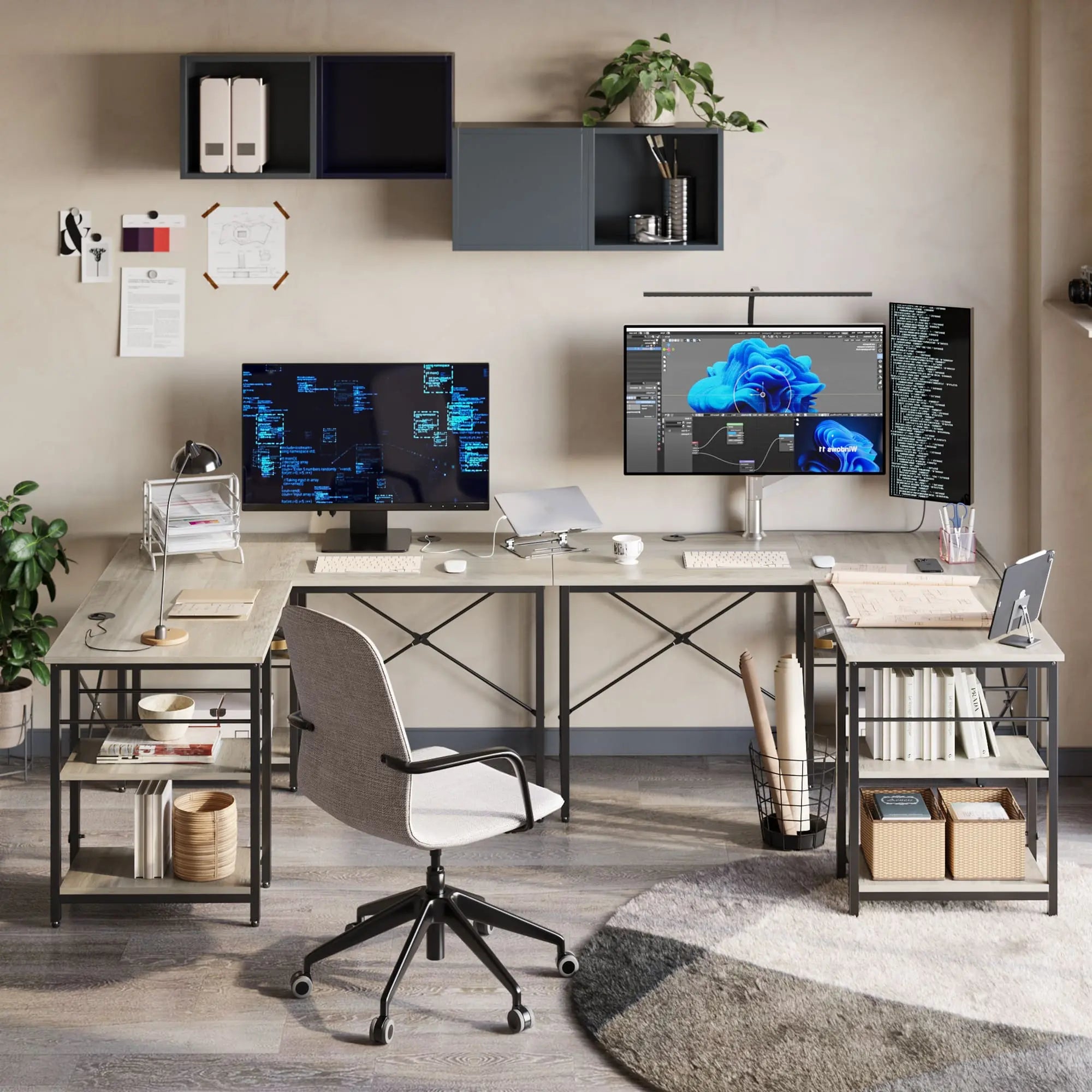 the gray oak two person l shaped computer desk in a room