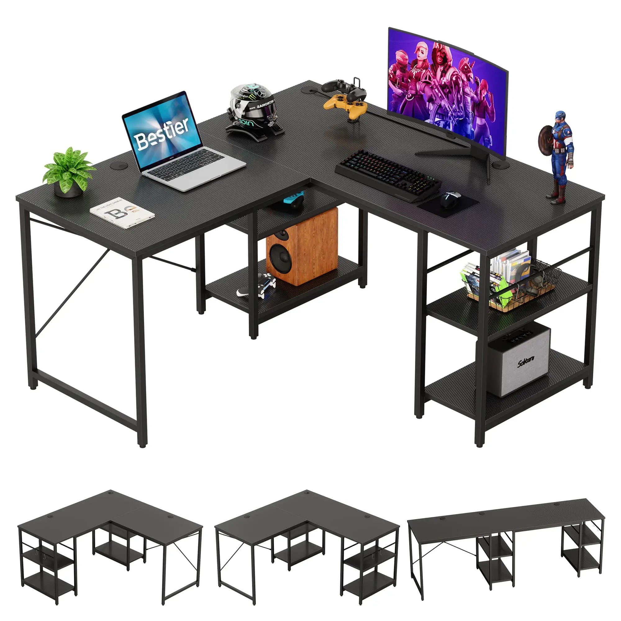 the black carbon fiber two person l shaped computer desk in the white background