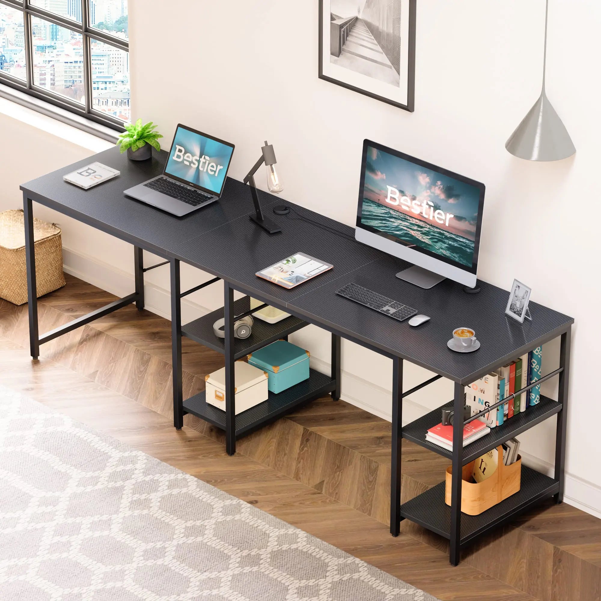 the black carbon fiber two person l shaped computer desk