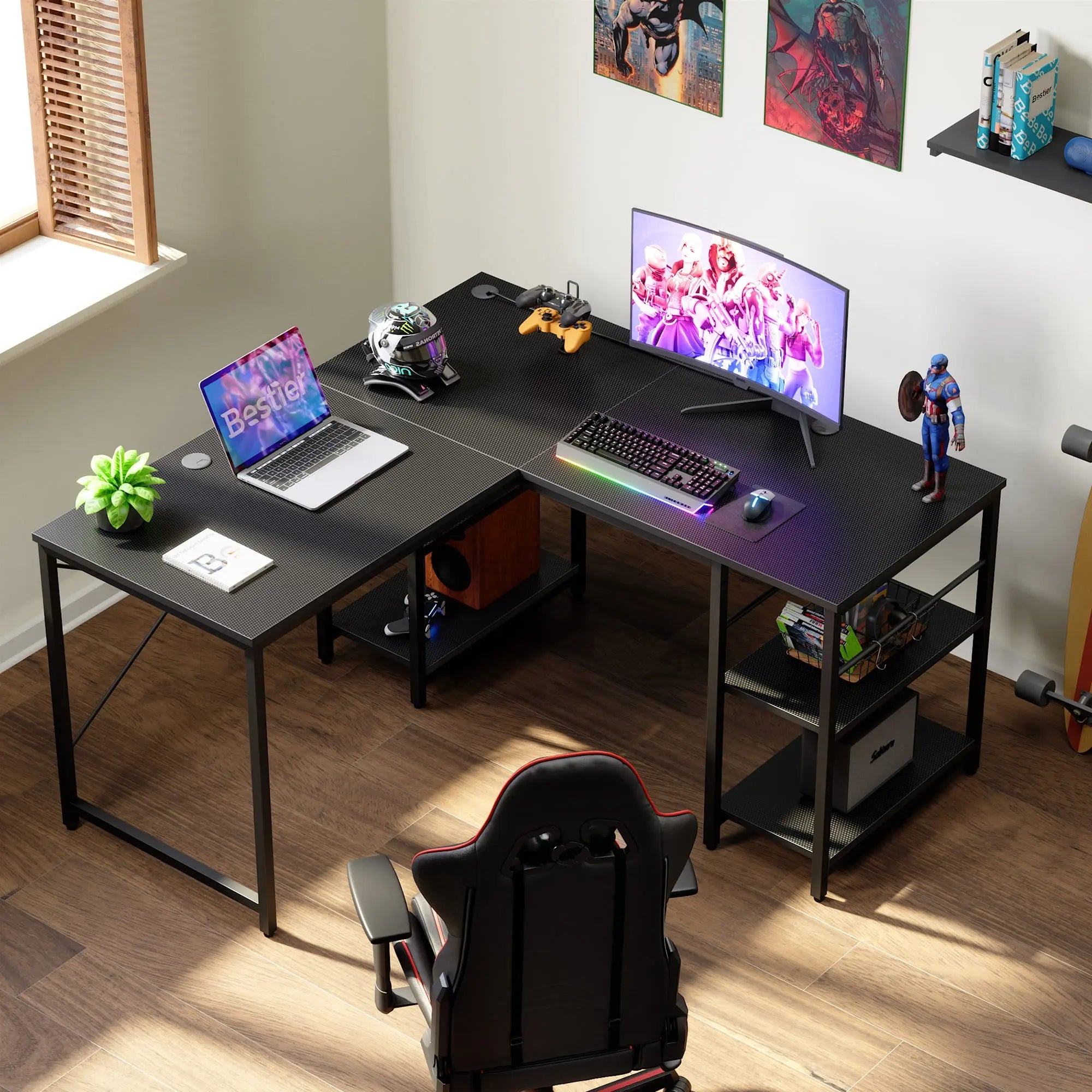 the black carbon fiber two person l shaped computer desk in a room