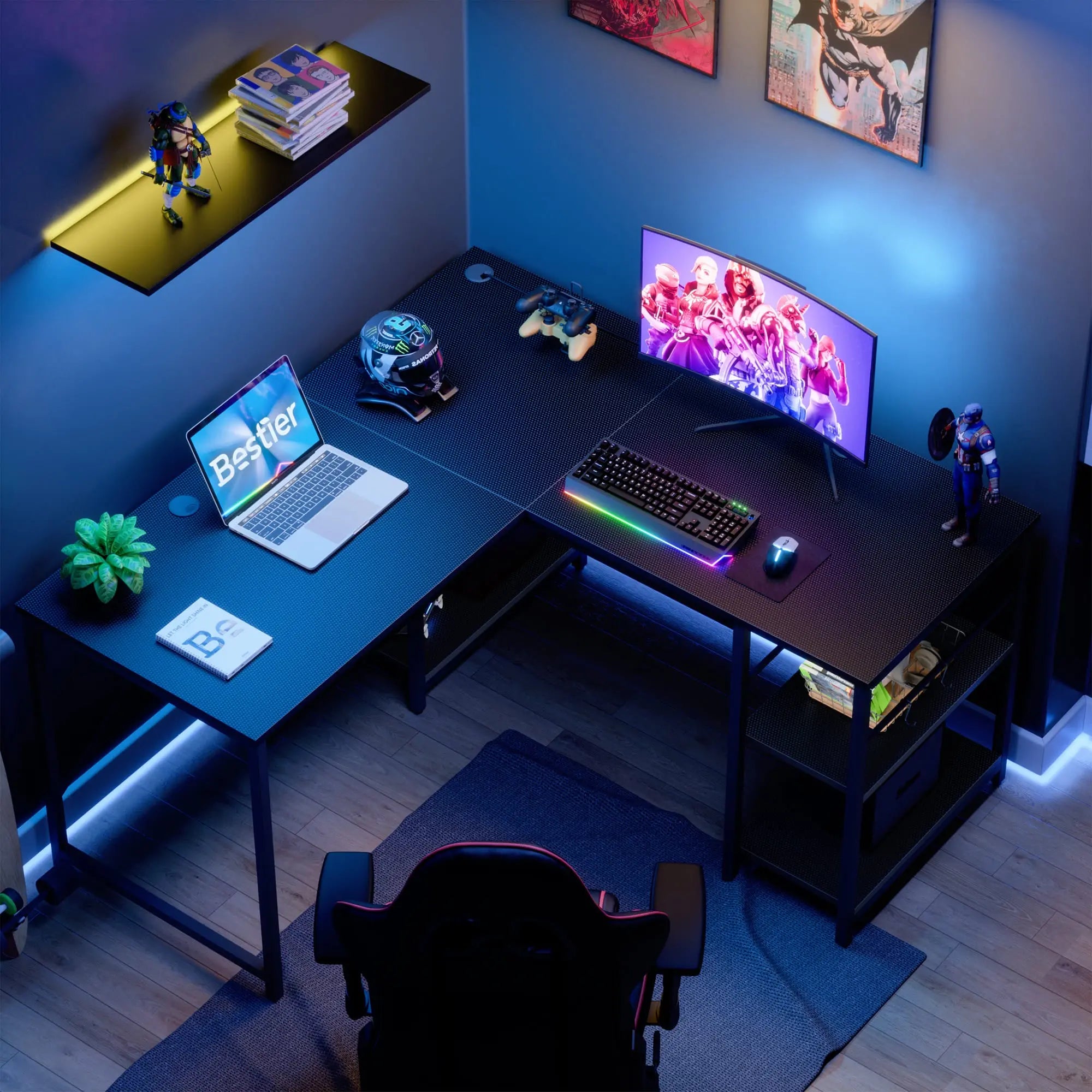 the black carbon fiber two person l shaped computer desk in a gaming room