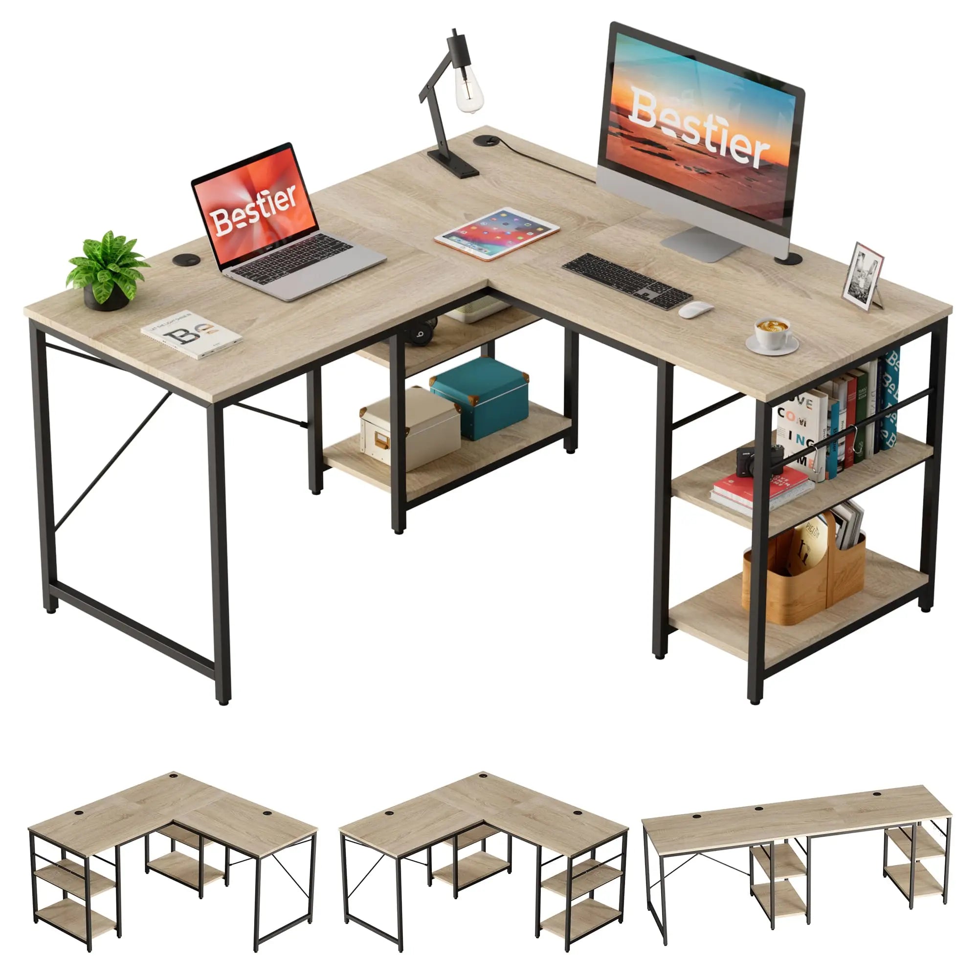 the oak two person l shaped computer desk in the white background