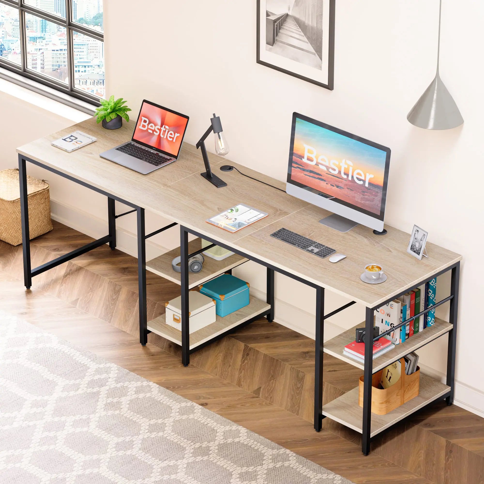 the oak two person l shaped computer desks in a room