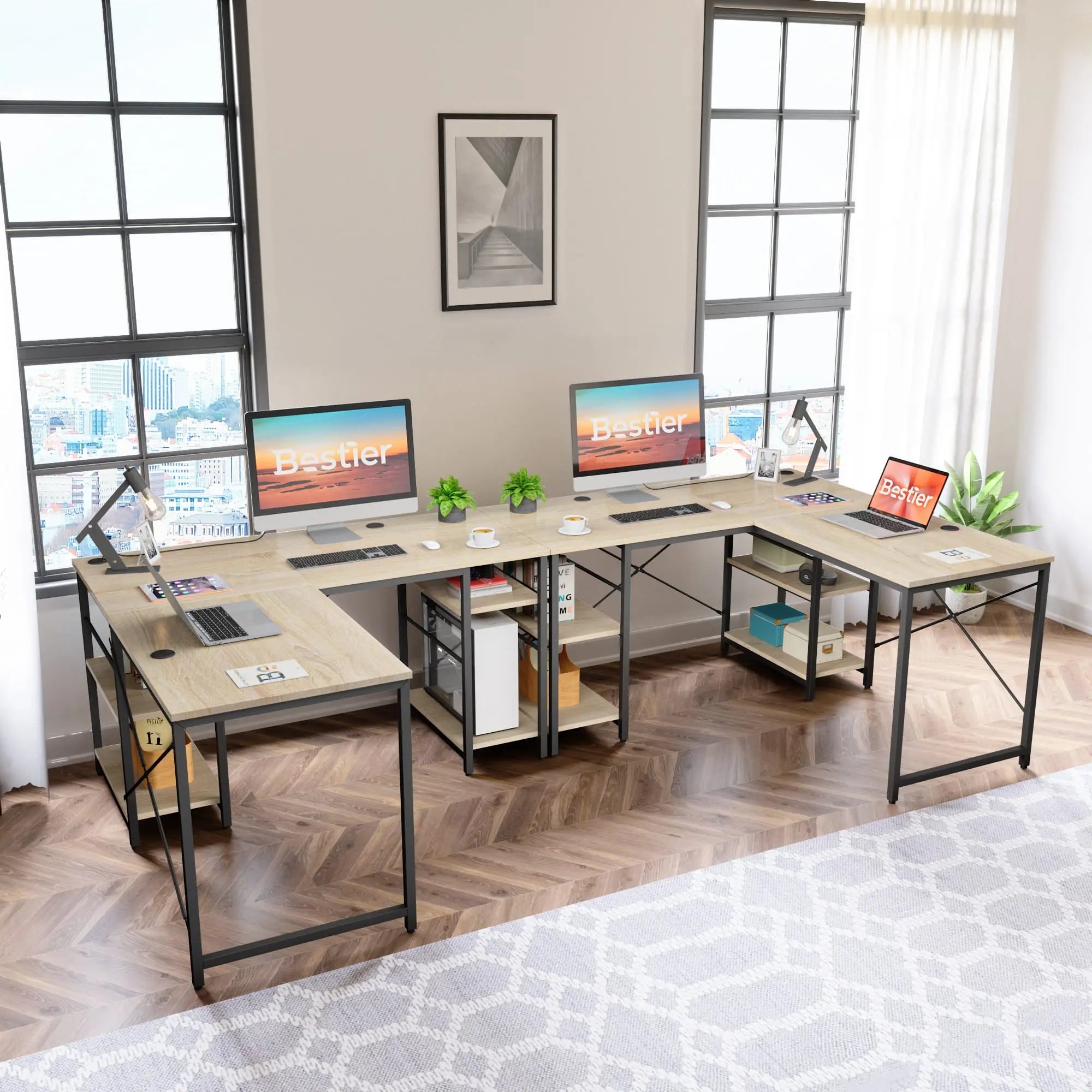 the oak two person l shaped computer desks in a home office