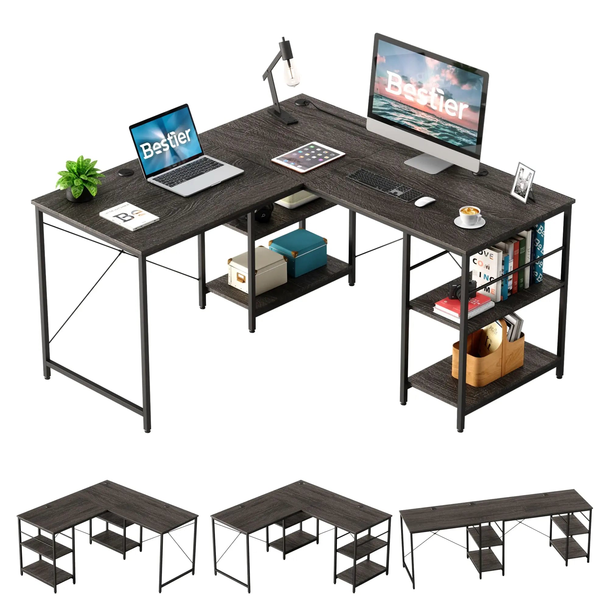 the charcoal two person l shaped computer desk in the white background