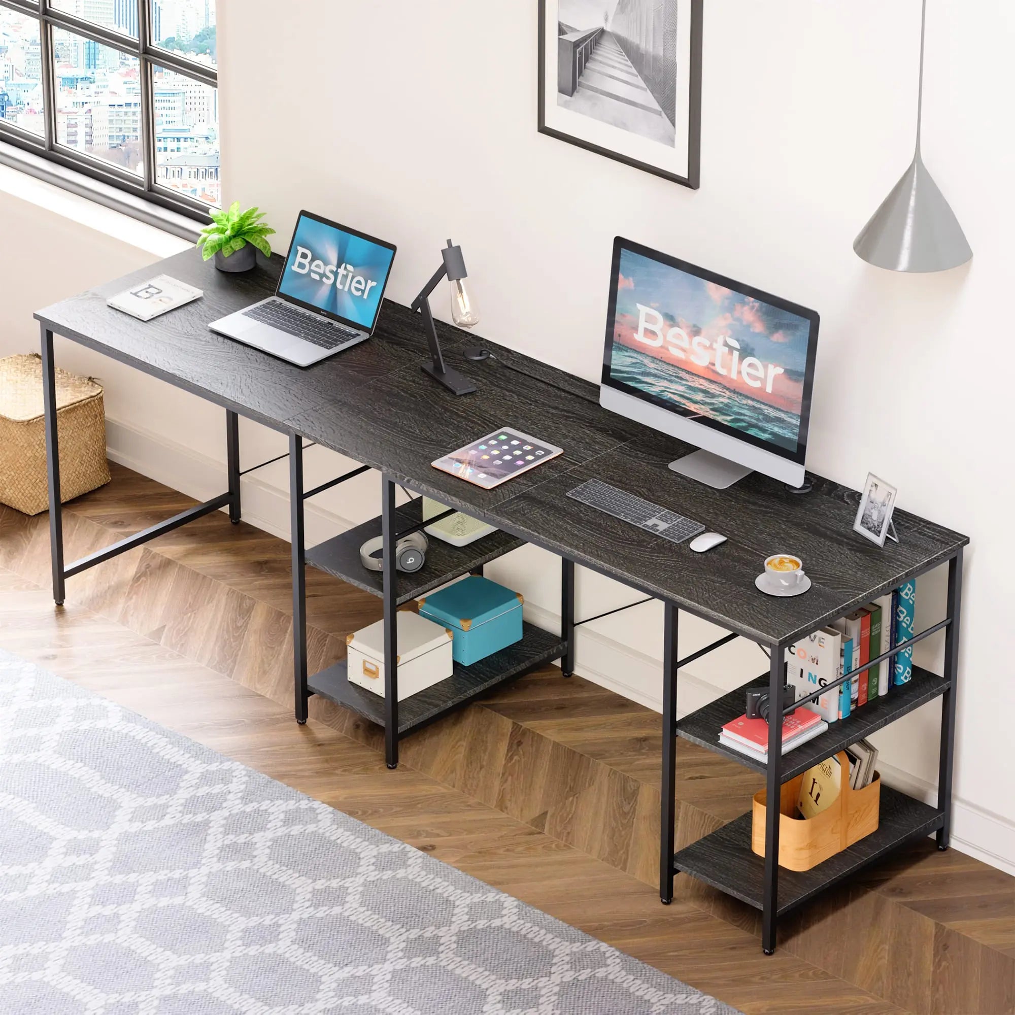 the charcoal two person l shaped computer desks in a room