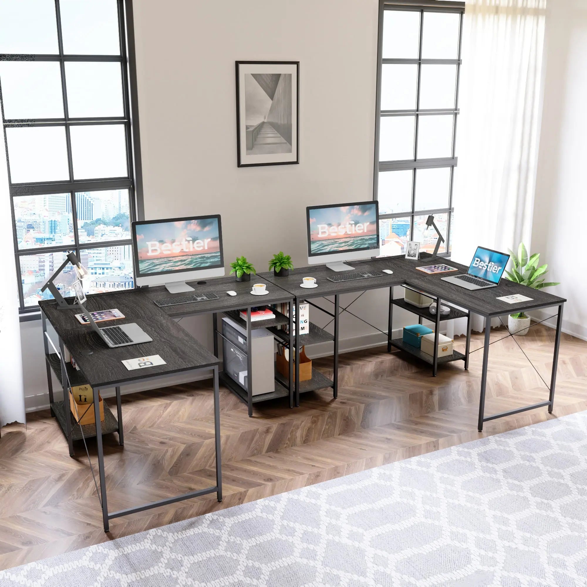 the charcoal two person l shaped computer desks in a home office