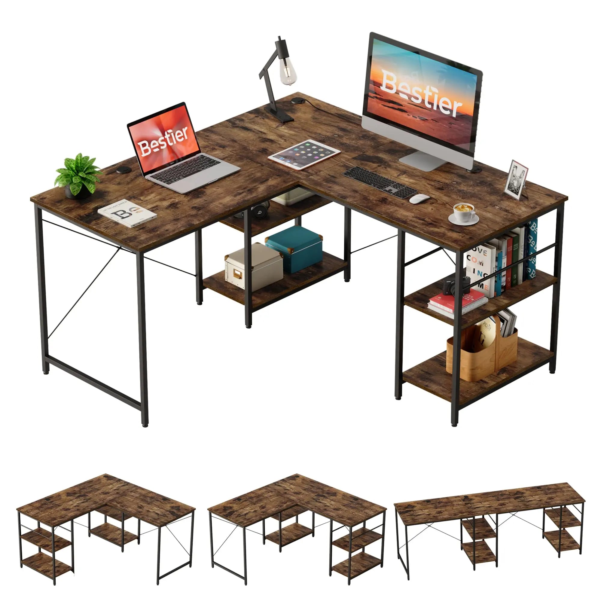 the rustic brown two person l shaped computer desk in the white background