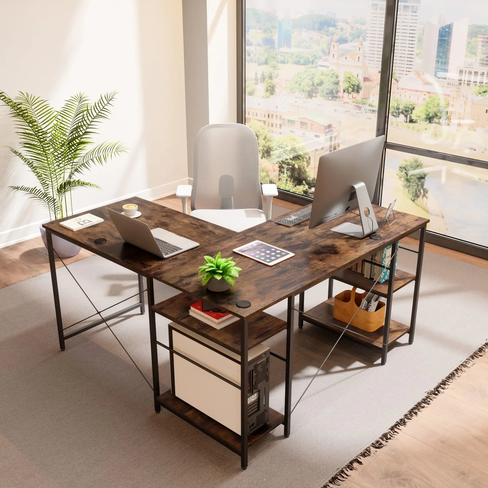 the rustic brown two person l shaped computer desk