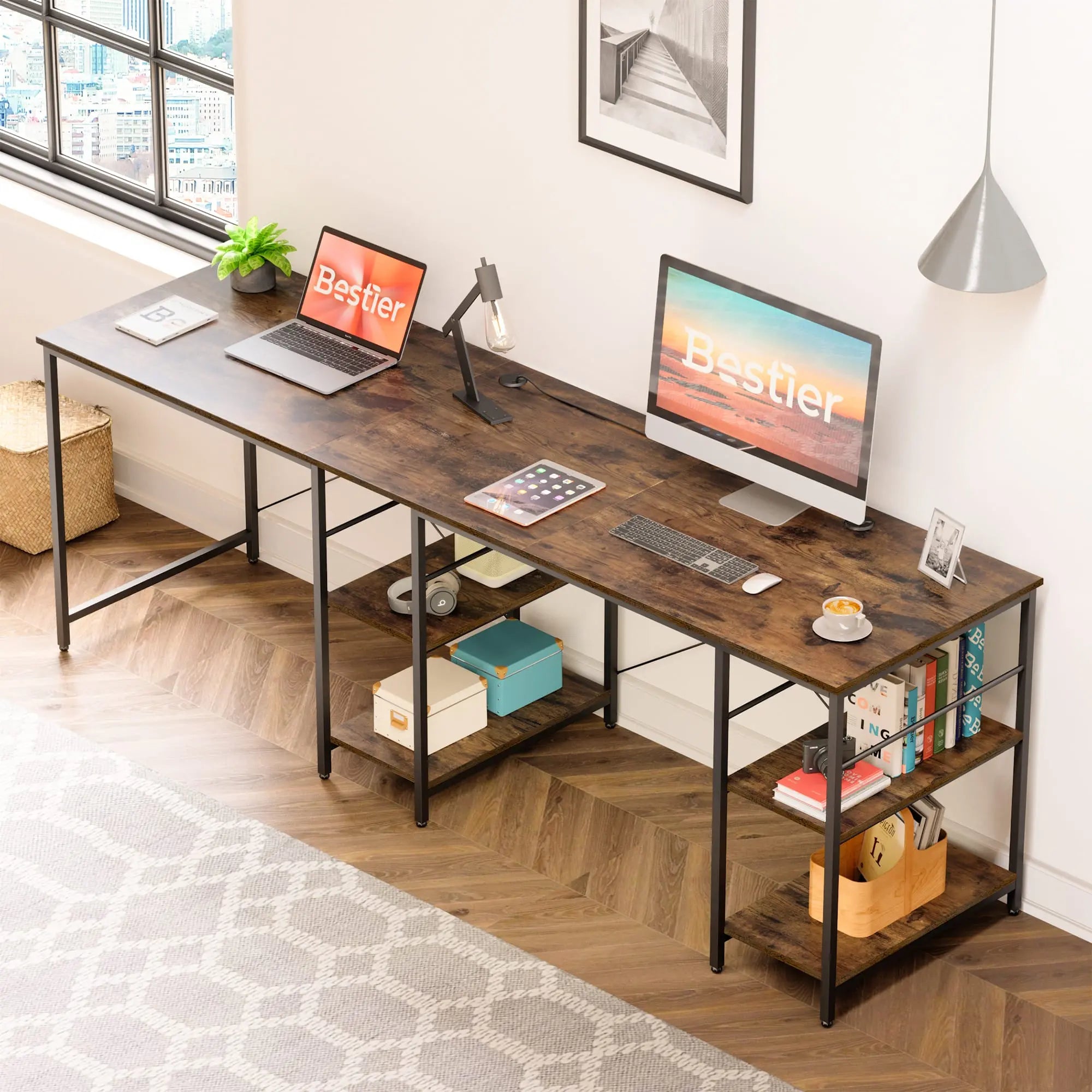 the rustic brown two person l shaped computer desks in a room