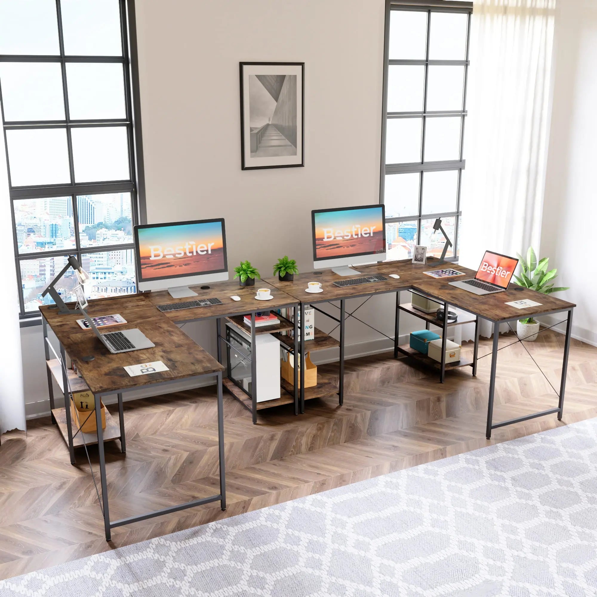 the rustic brown two person l shaped computer desks in a home office