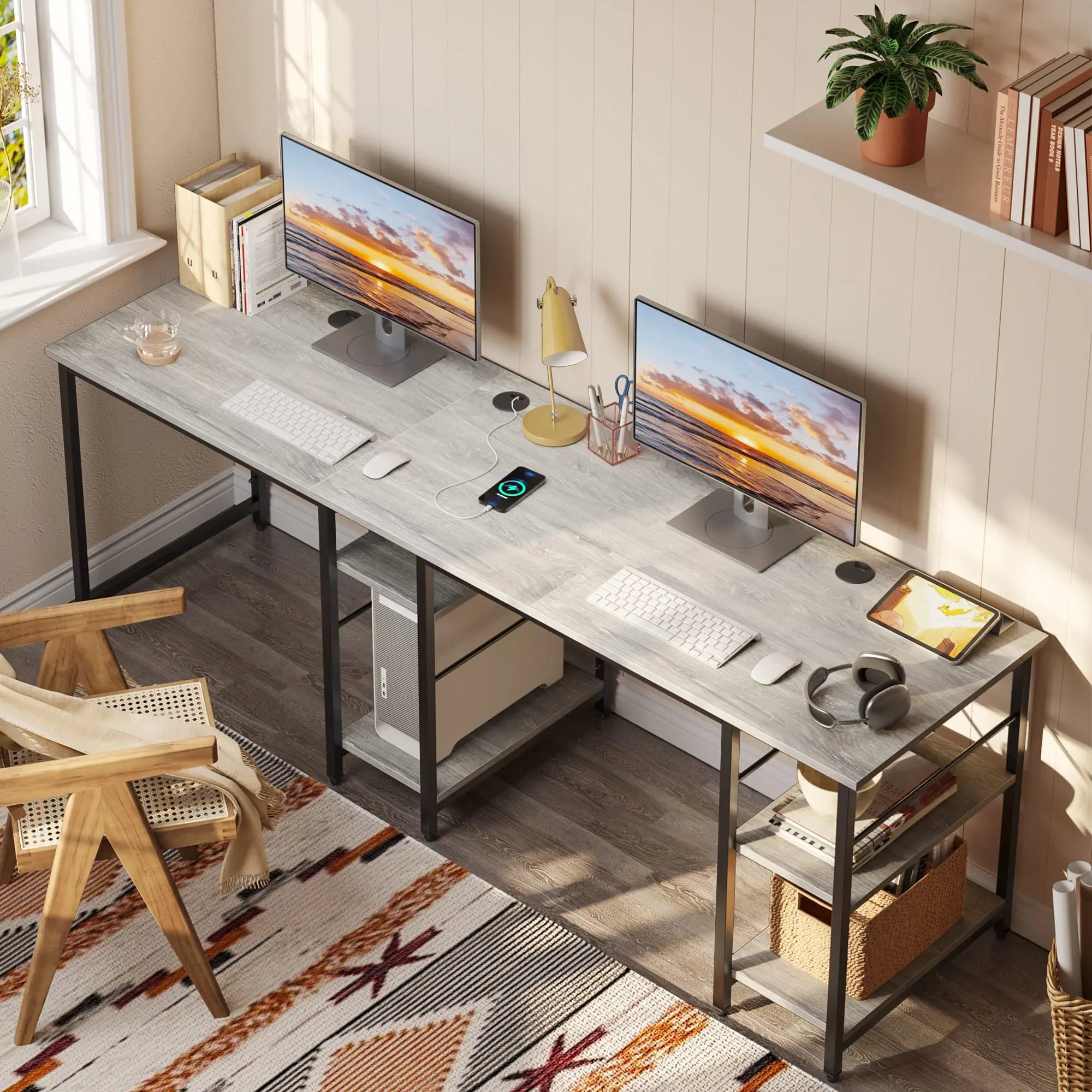 the wash white two person l shaped computer desks in a room