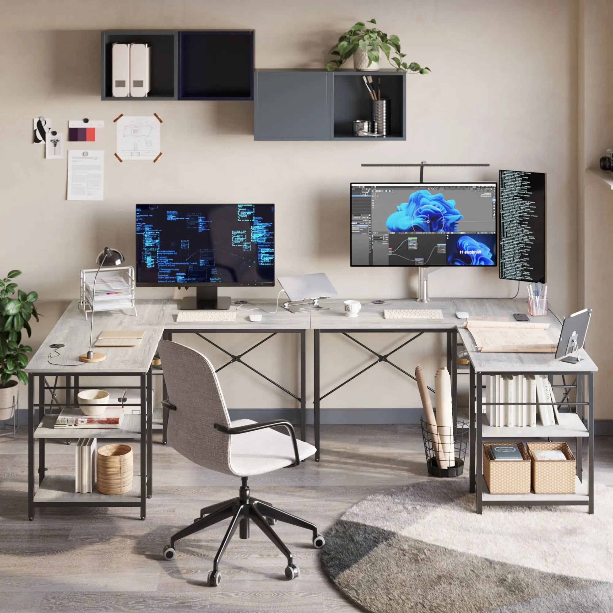 the wash white two person l shaped computer desks in a home office