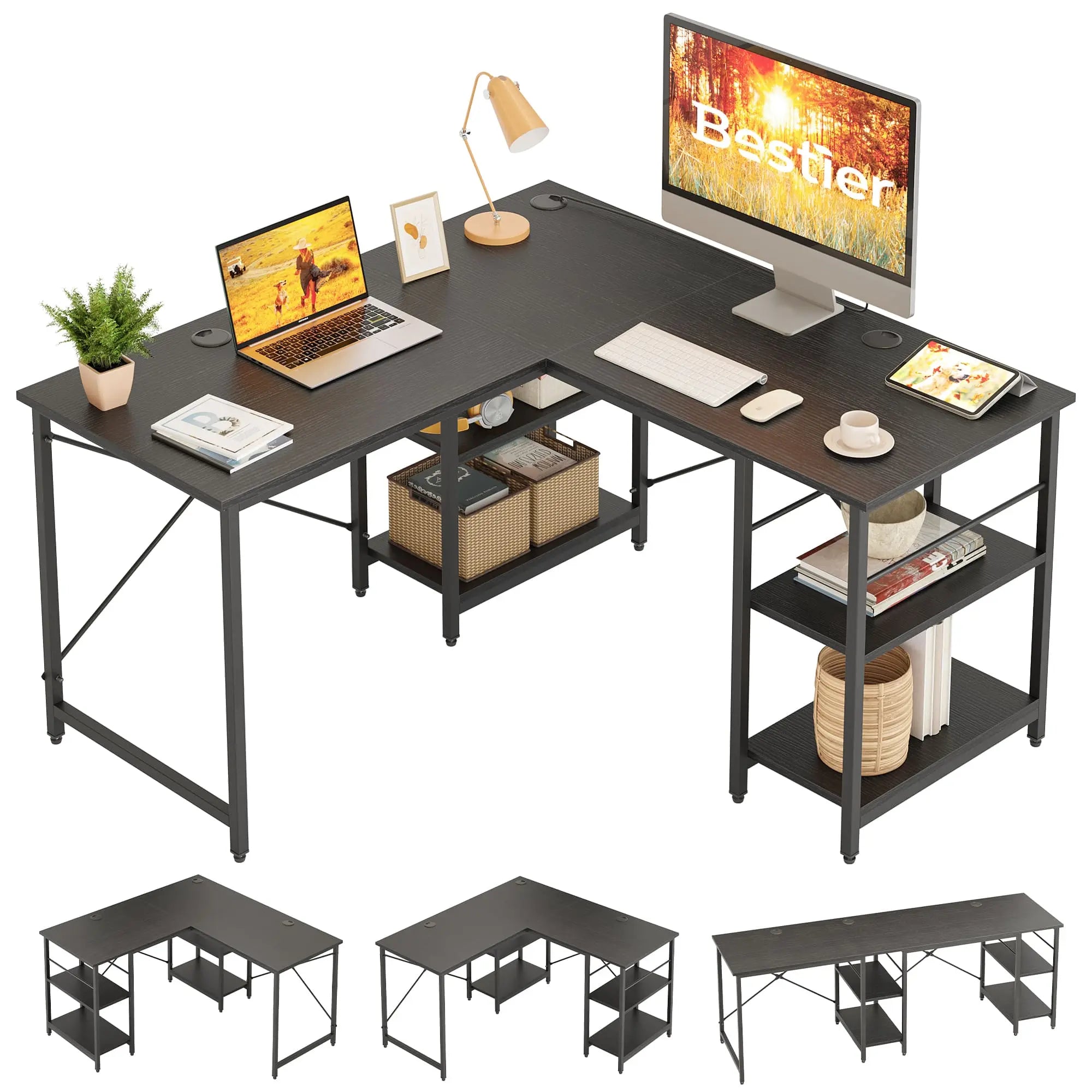 the black two person l shaped computer desk in the white background