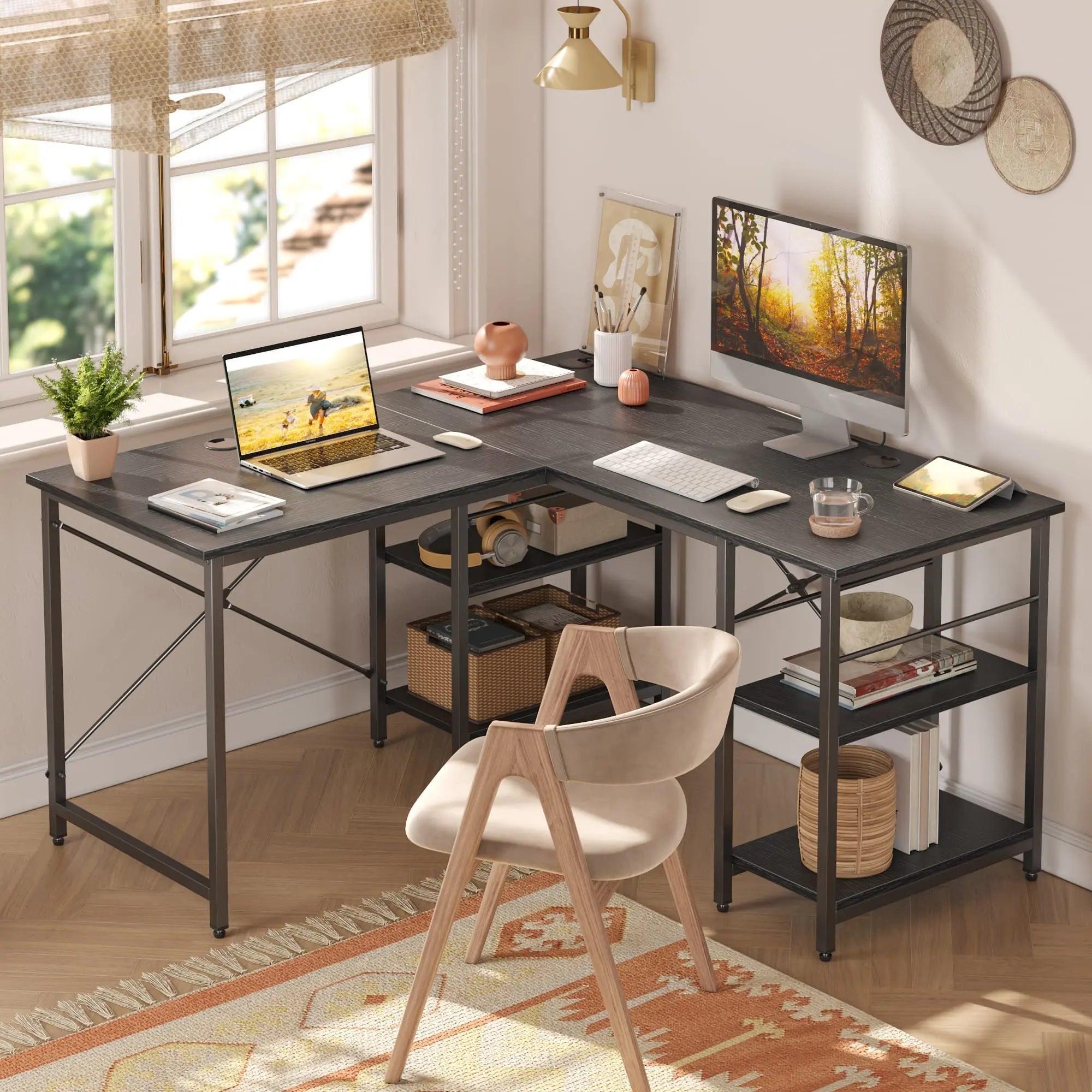 the black two person l shaped computer desk