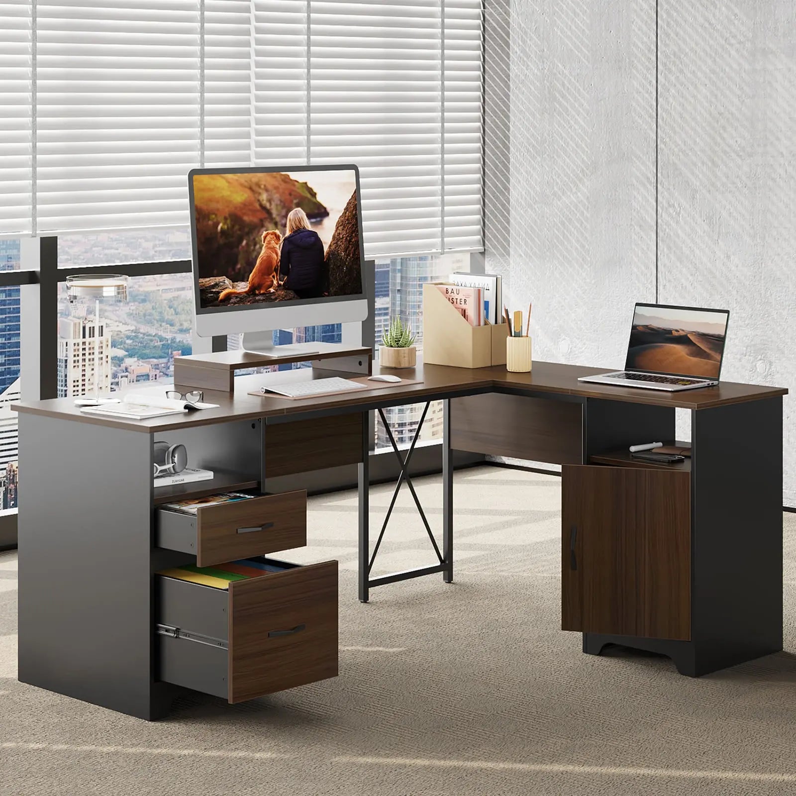 a cherry wood l shaped desk with file drawers next to the window