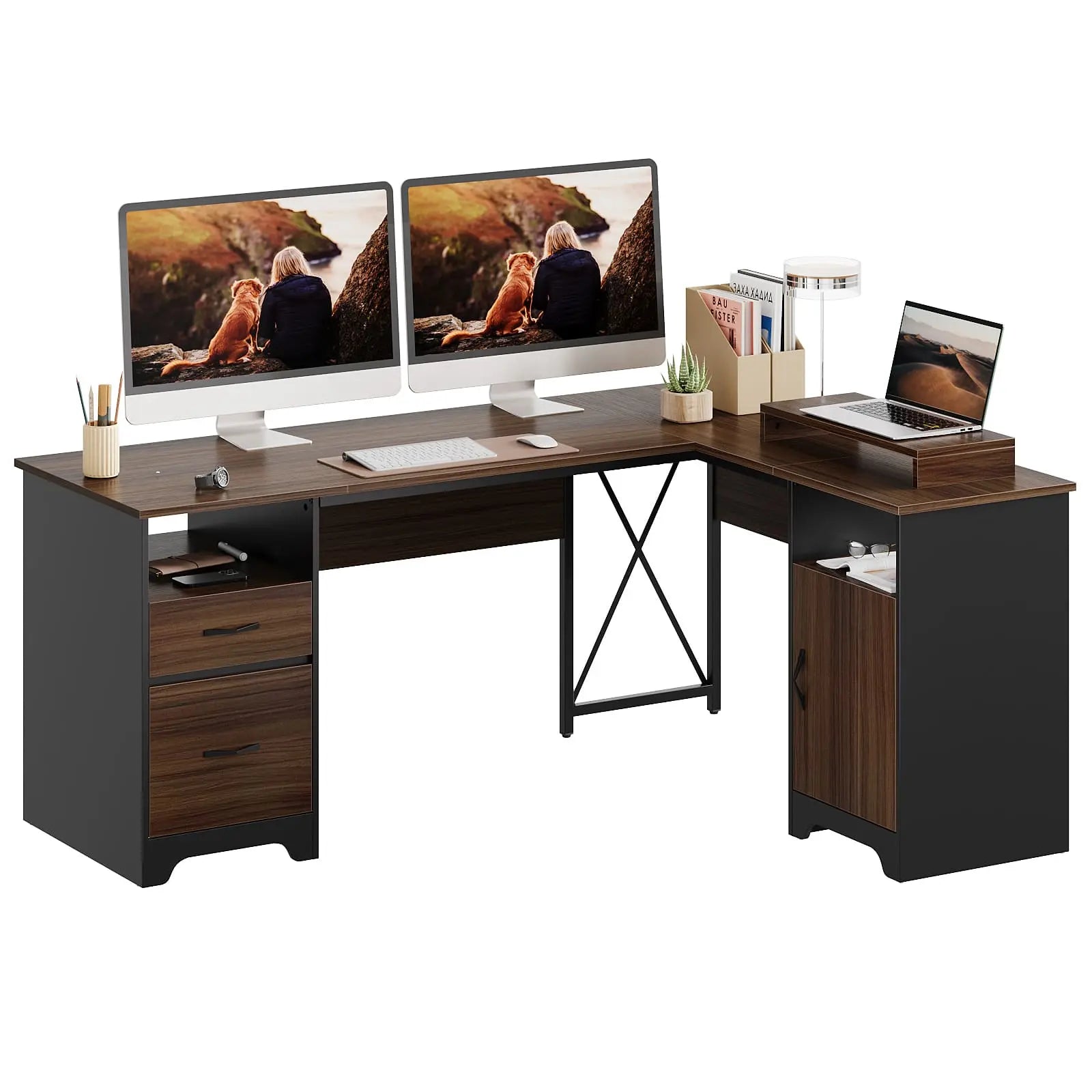 the cherry wood l shaped desk with file drawers in the white background