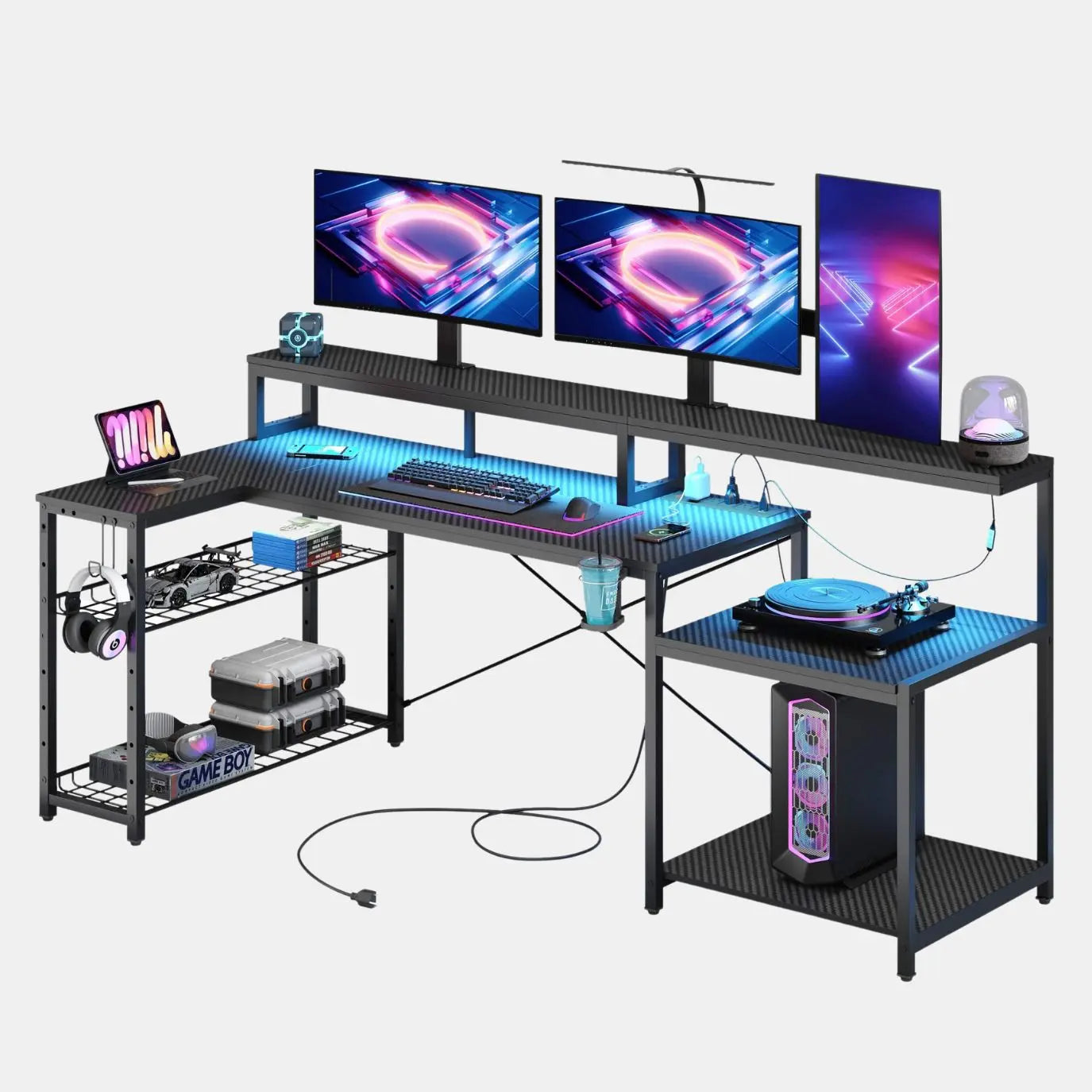 71.5'' L Shaped Gaming Desk of Black Carbon Fiber with Power Outlets & Long Monitor Stand - Bestier