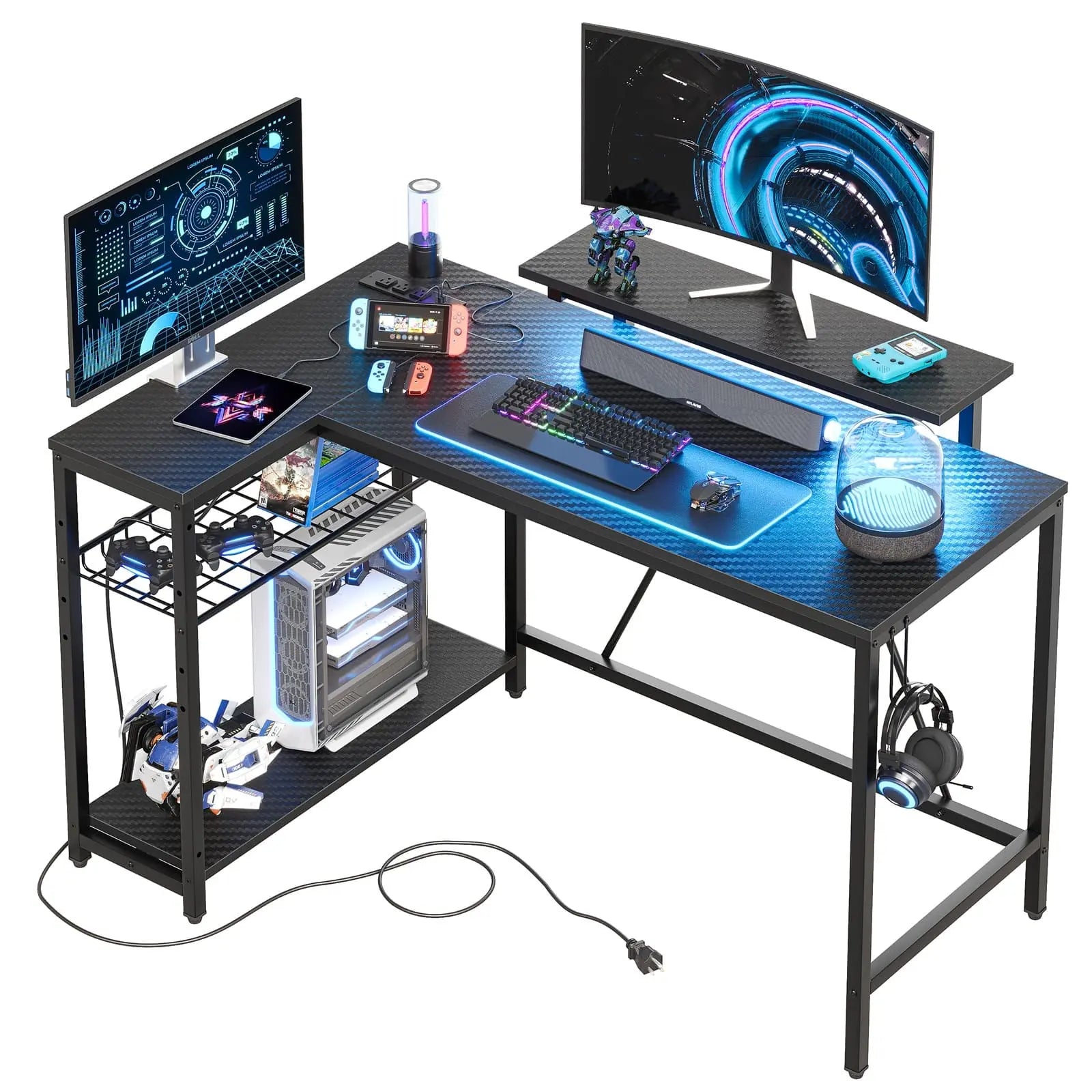 the black led l shaped gaming desk in the white backgroud