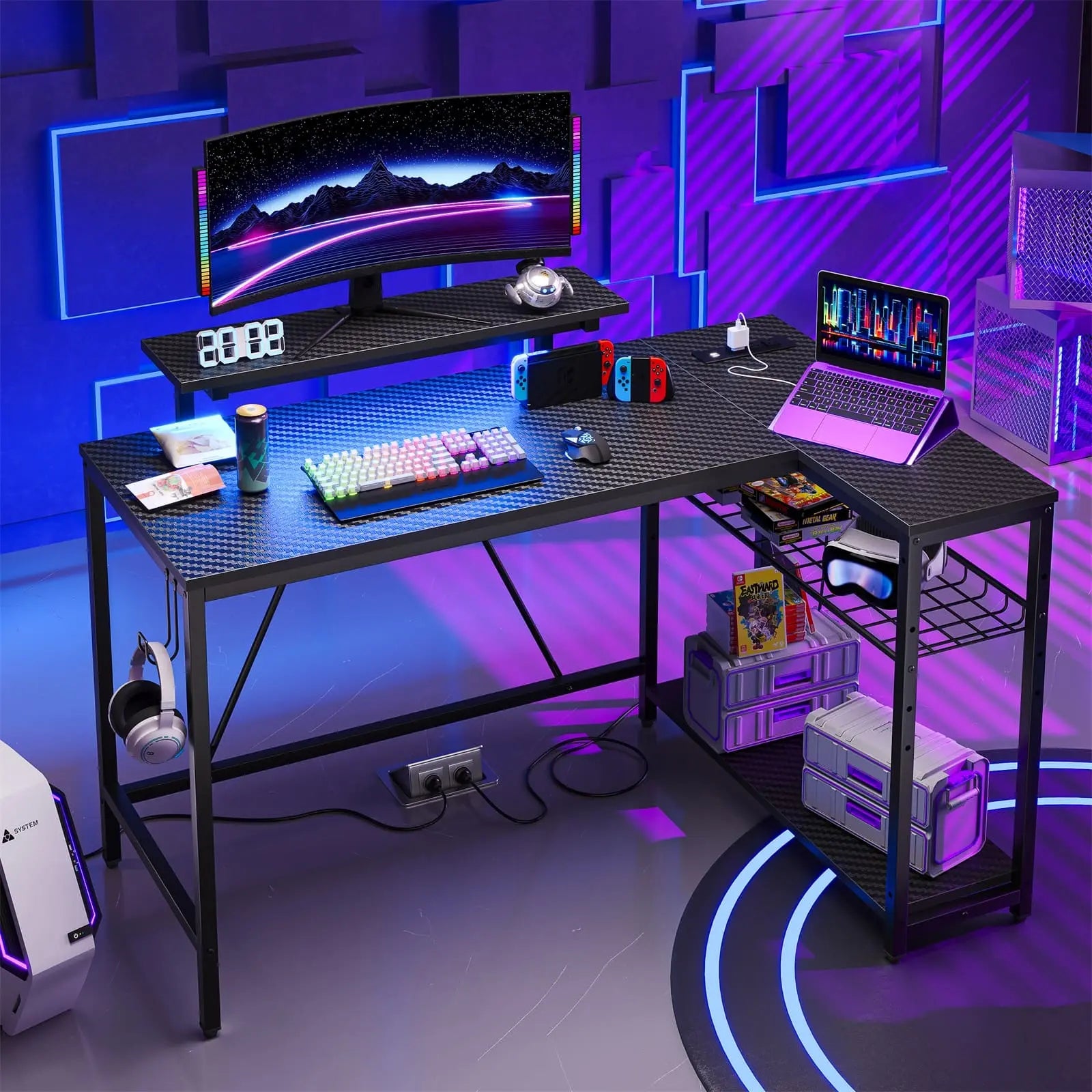 the black led l shaped gaming desk in a gaming room