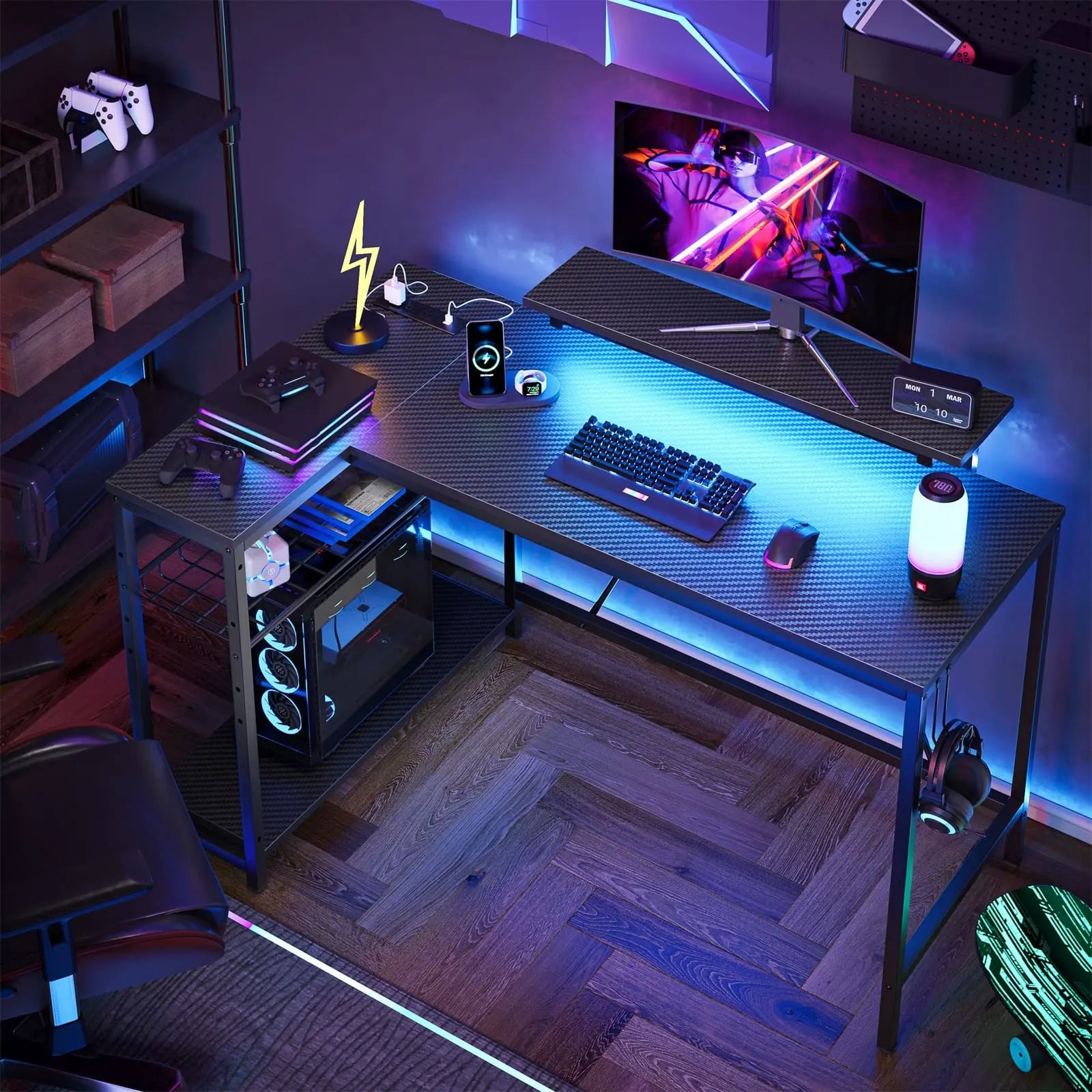L-Shaped Gaming Desk With LED Lights & Monitor Stand – 89.7" Wide, White, Pegboard & Storage Shelves