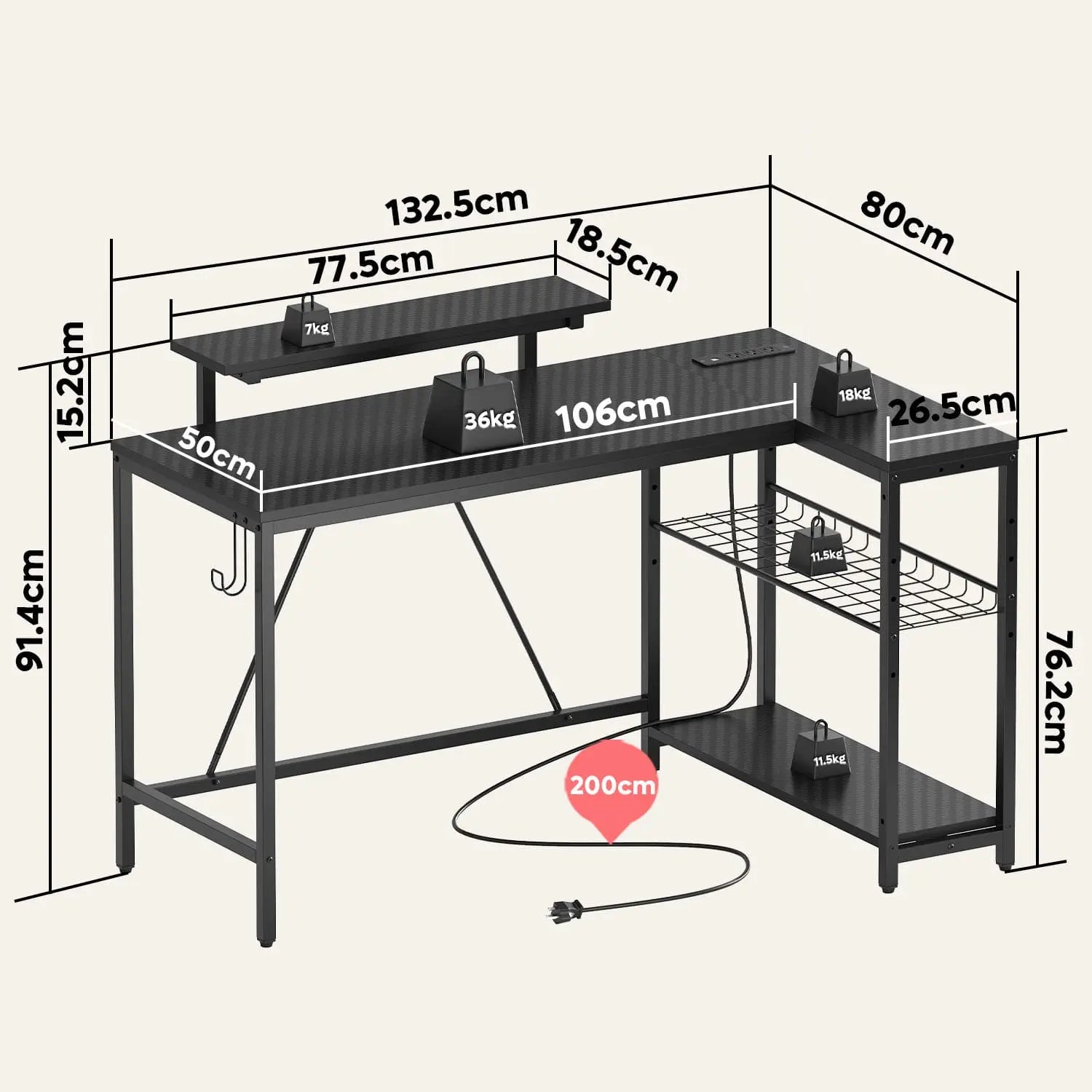 the size of this l shaped gaming desk with usb ports