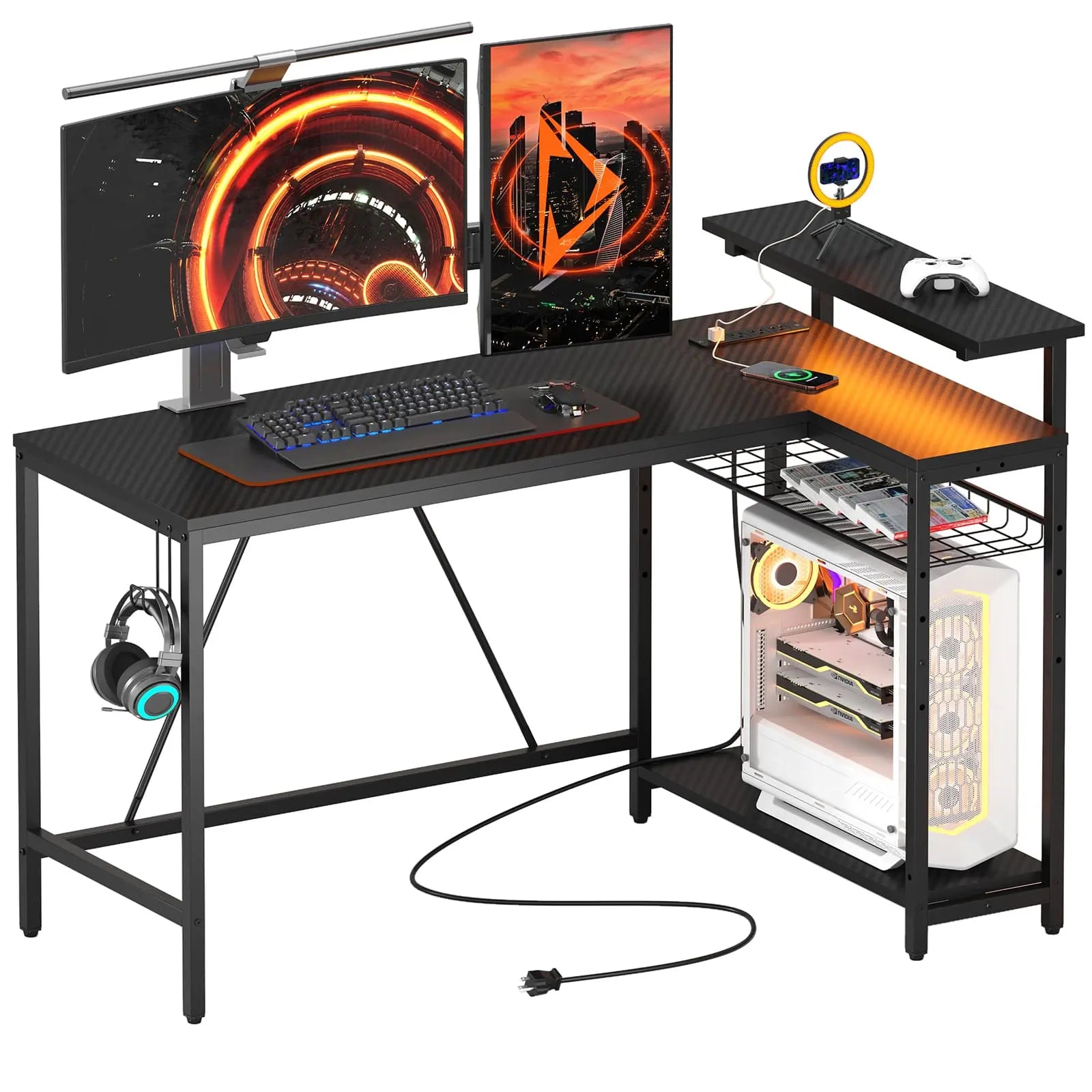 the black l shaped gaming desk in the white background