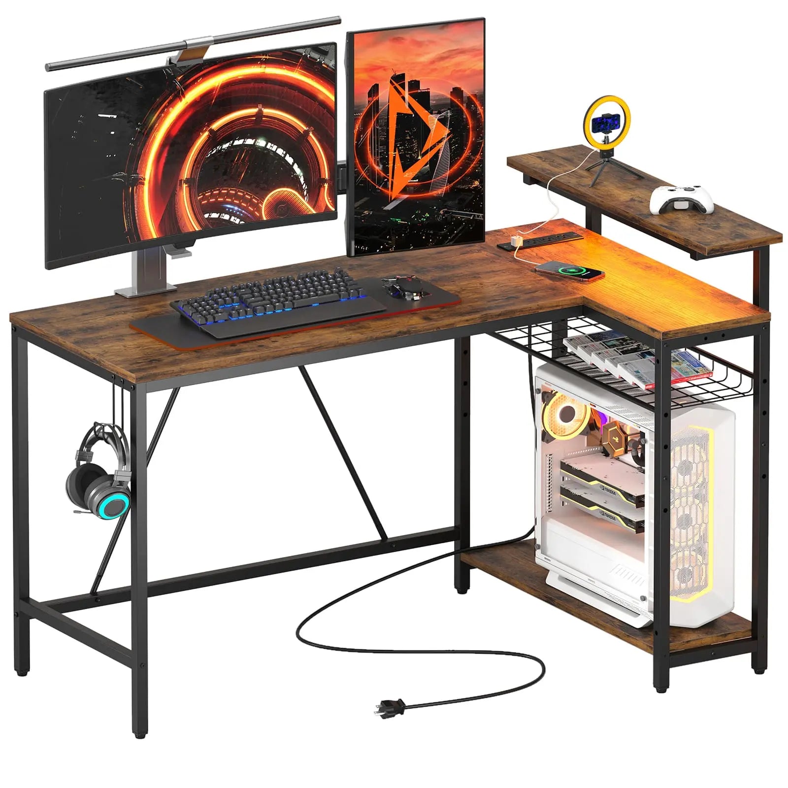 the rustic brown l shaped gaming desk with usb ports in the white background