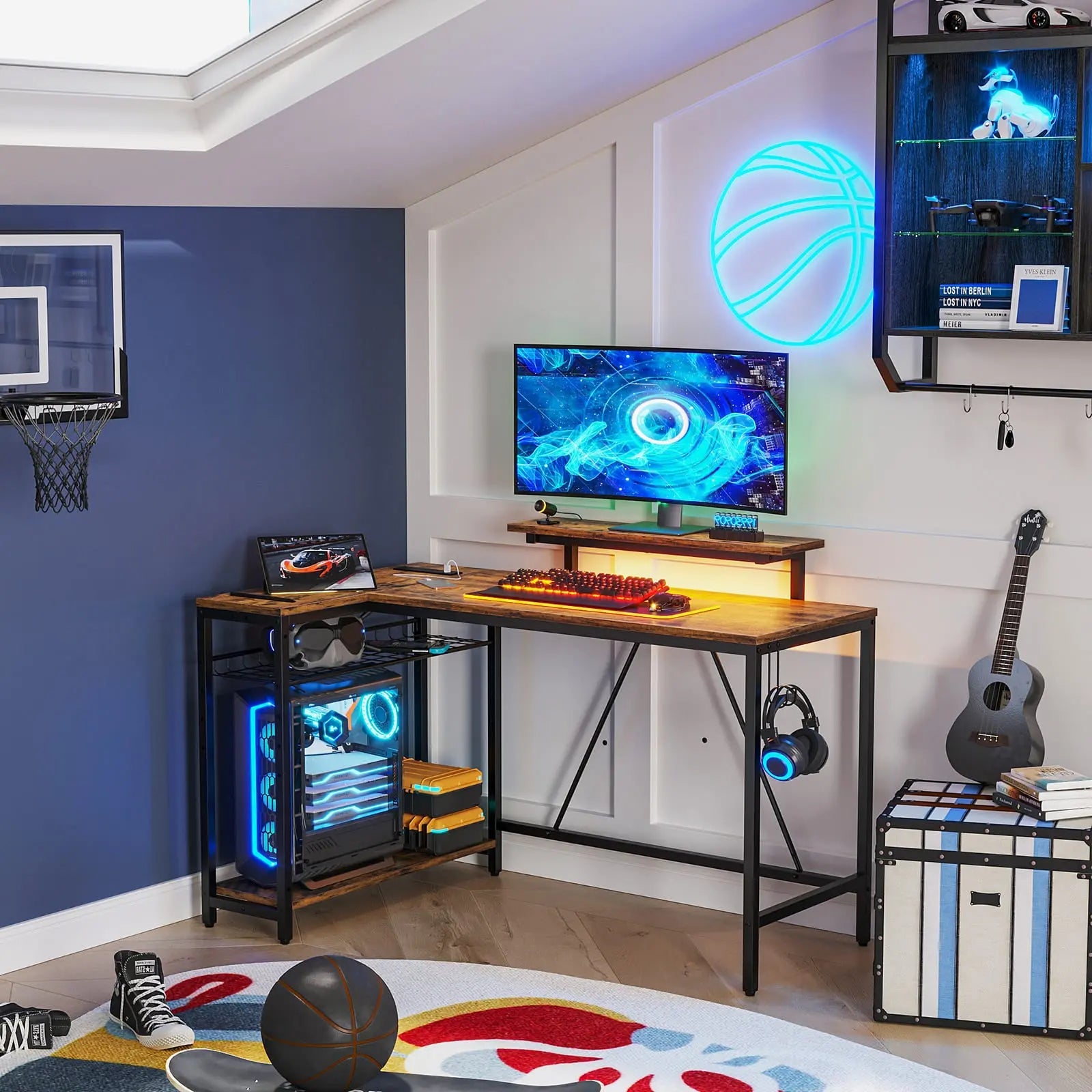 the rustic brown l shaped gaming desk with usb ports