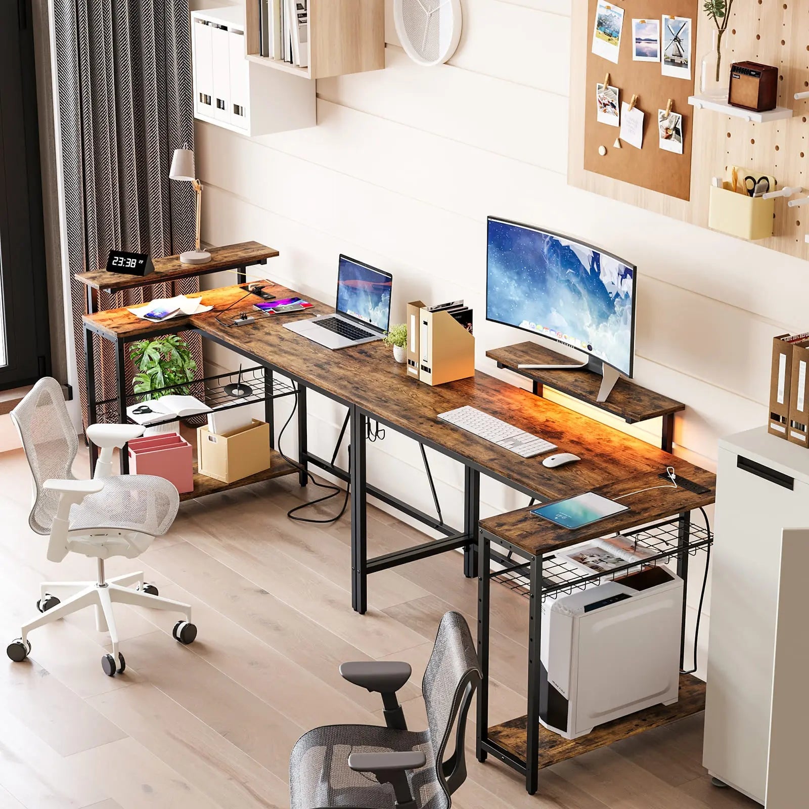 the rustic brown l shaped gaming desk with usb ports in the home office