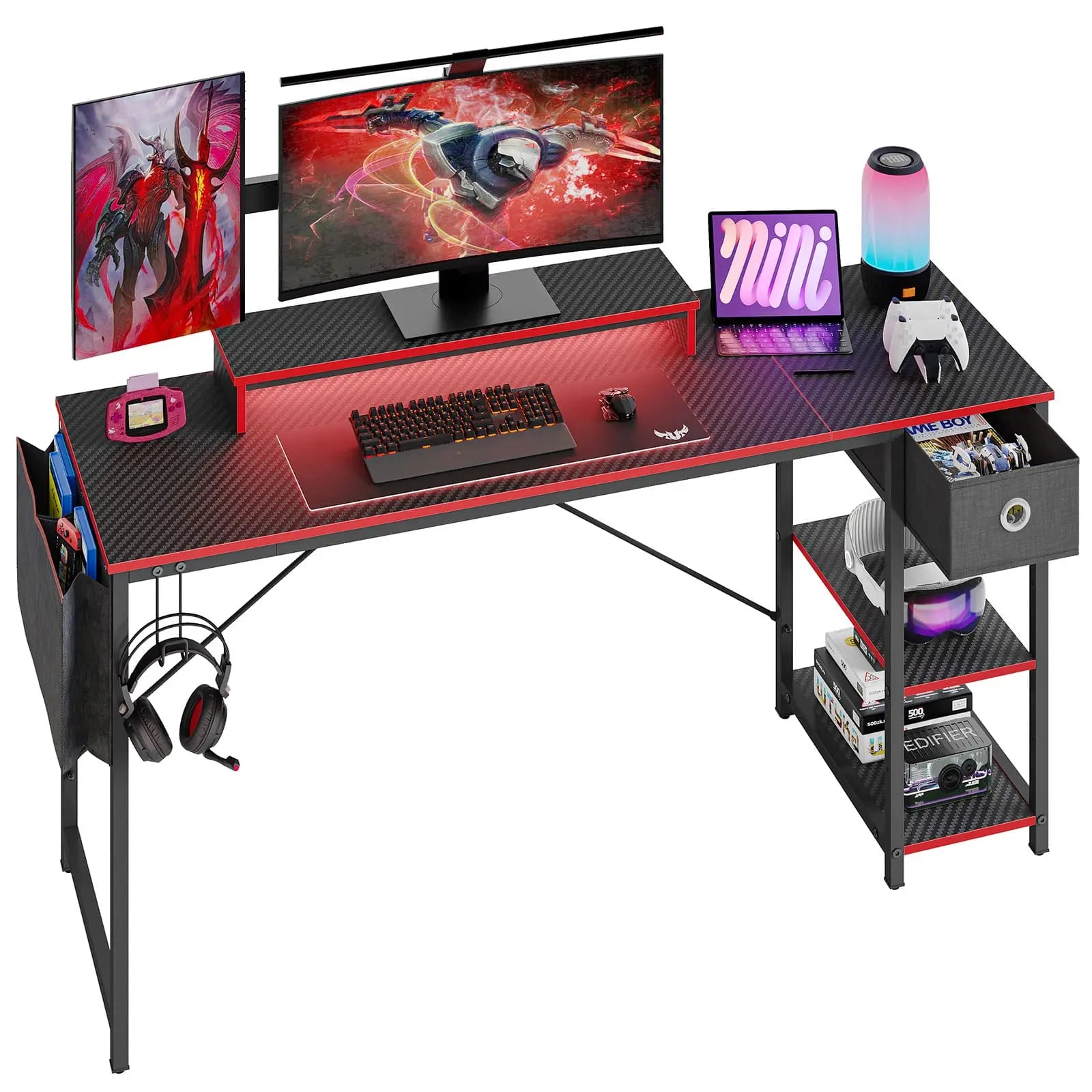 the black led computer desk with shelves in the white background