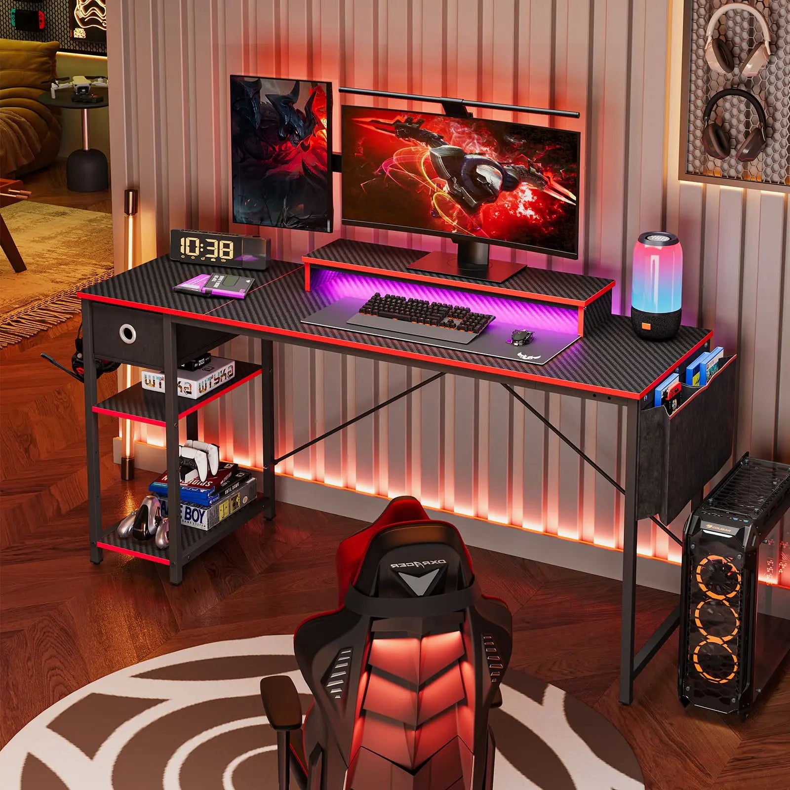 the black led computer desk with shelves with adjustable shelves