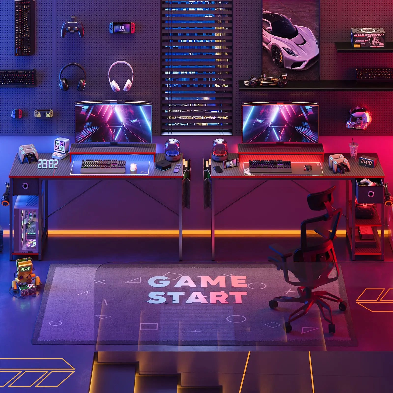 the black led computer desks with shelves in a gaming room