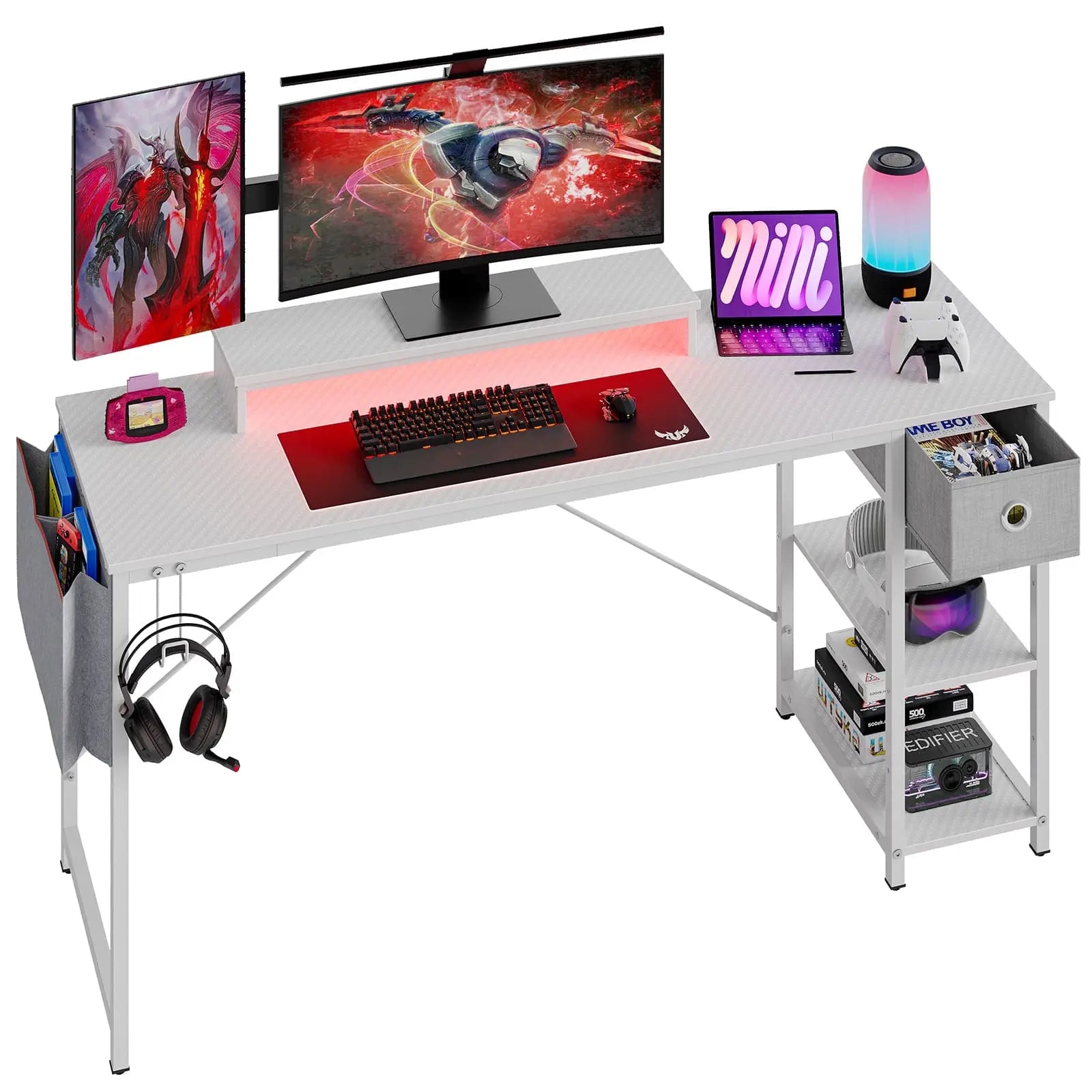 the white led computer desk with shelves in the white background