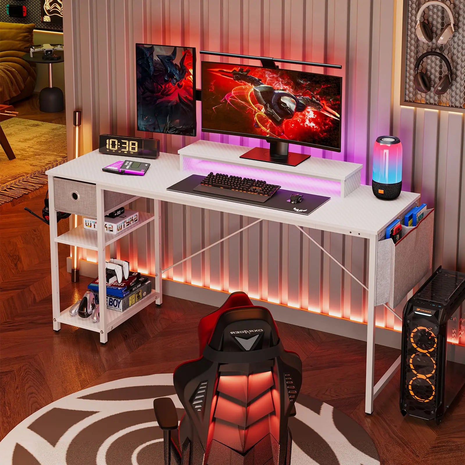 the white led computer desk with shelves