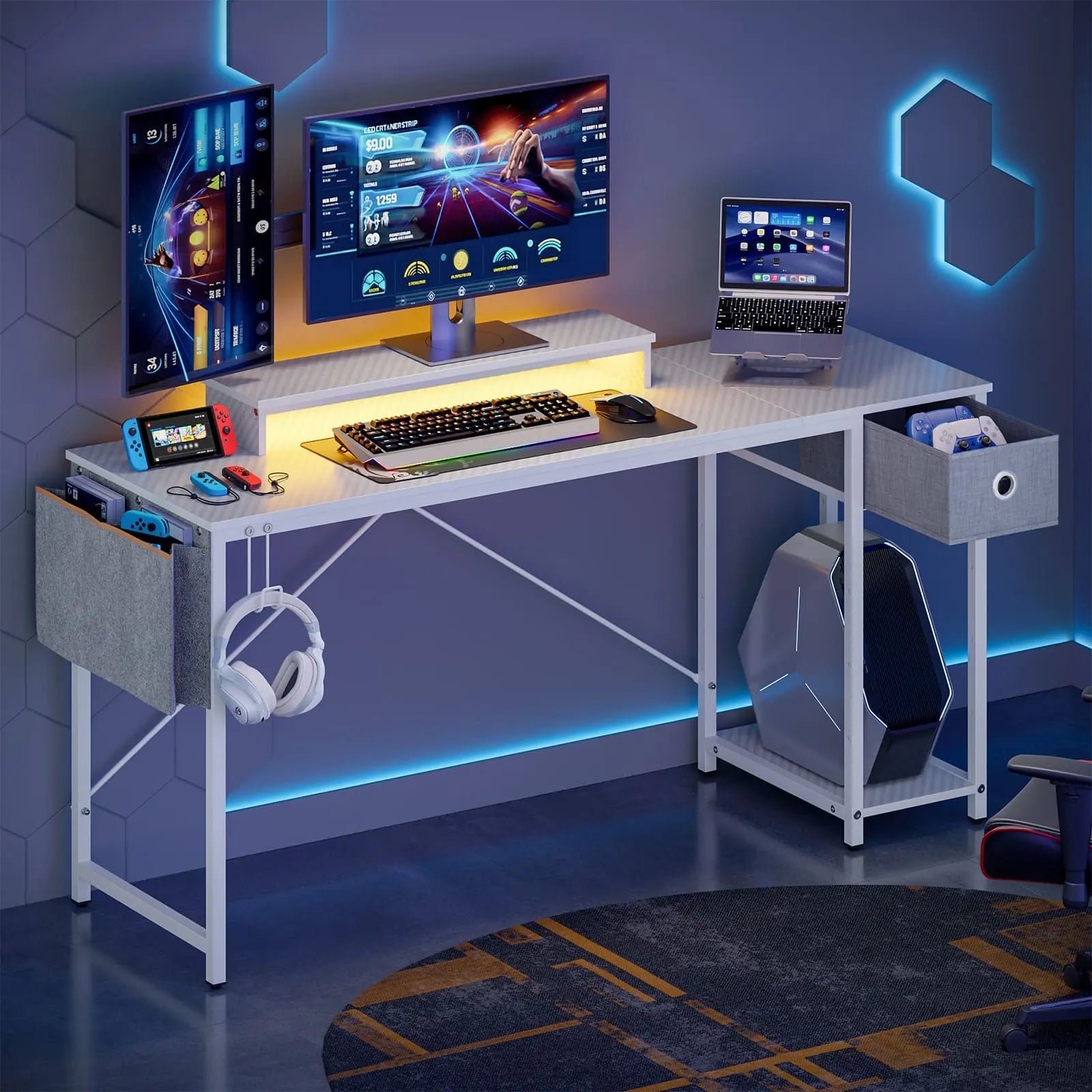 the white led computer desk with shelves in a room