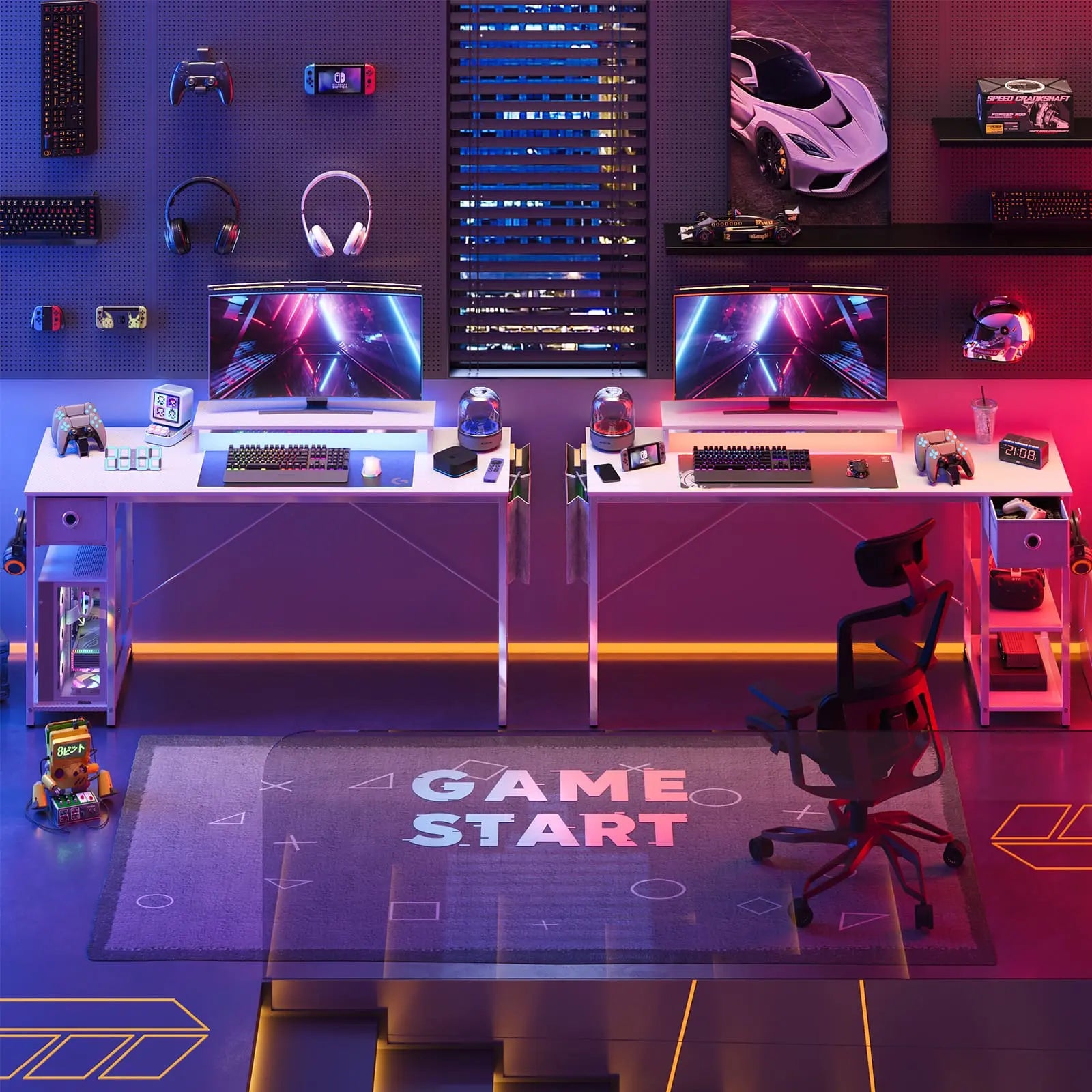 the white led computer desks with shelves in a gaming room