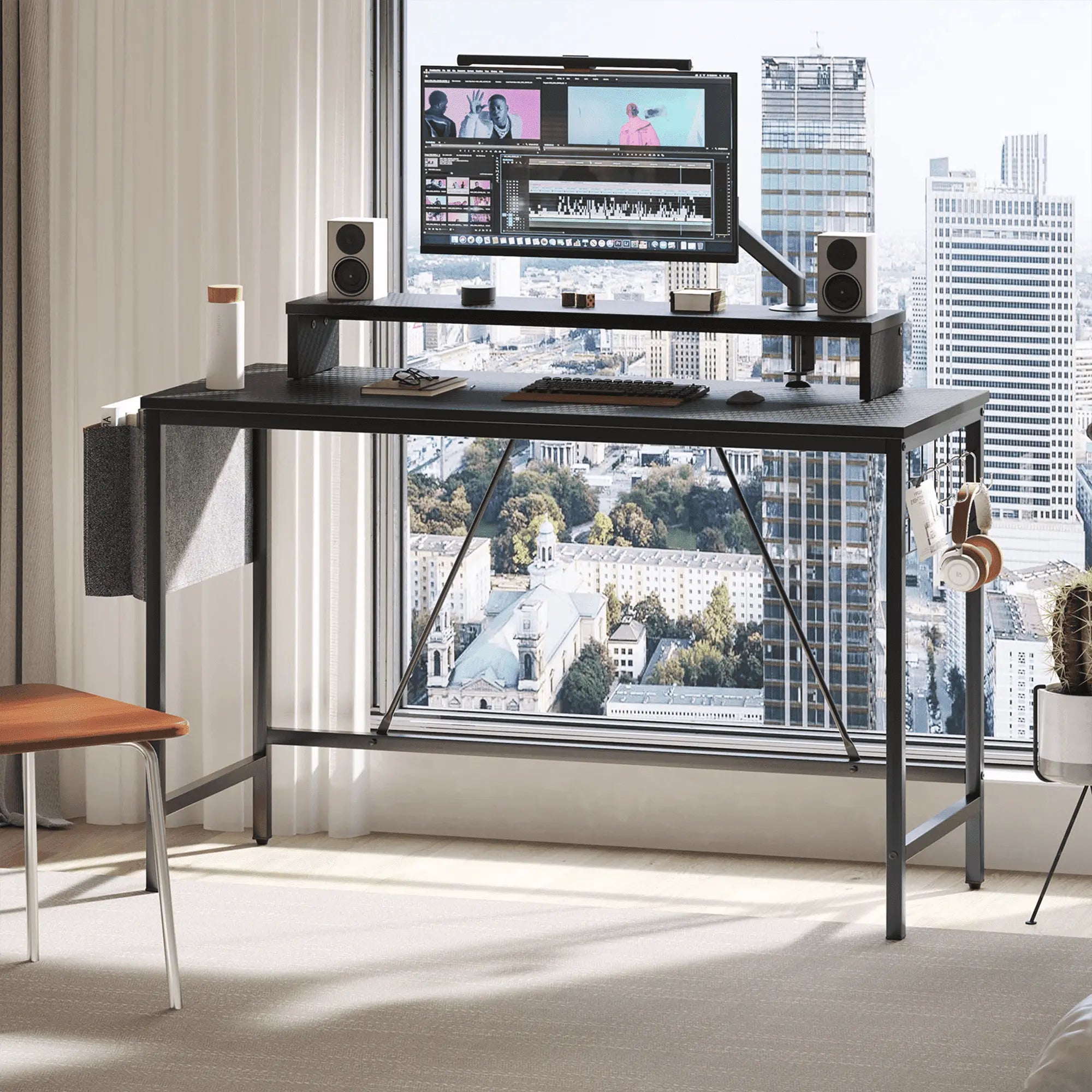 a computer on the led computer desk with monitor stand