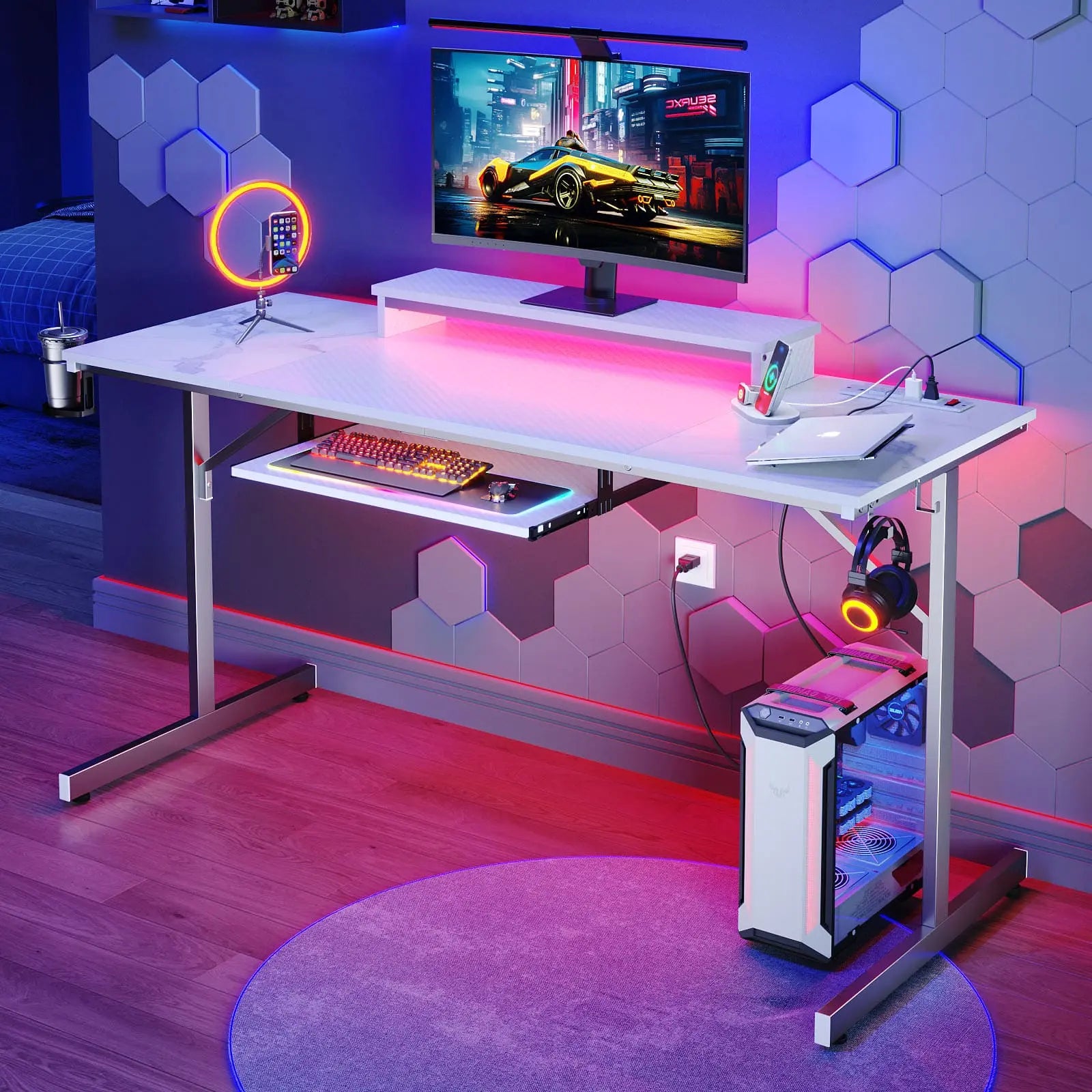 the white led gaming desk in a gaming room