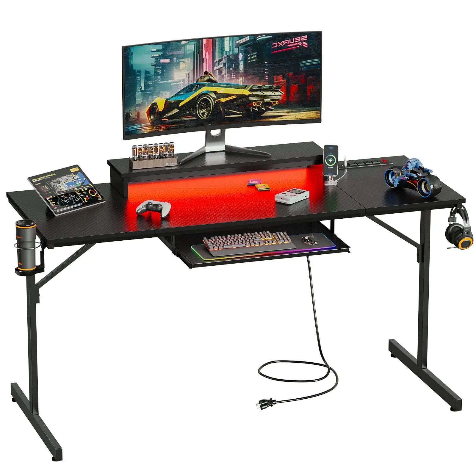 the black led gaming desk in the white background