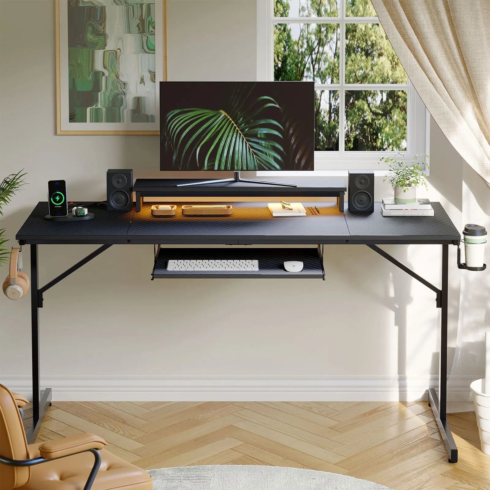 the black led gaming desk with keyboard tray