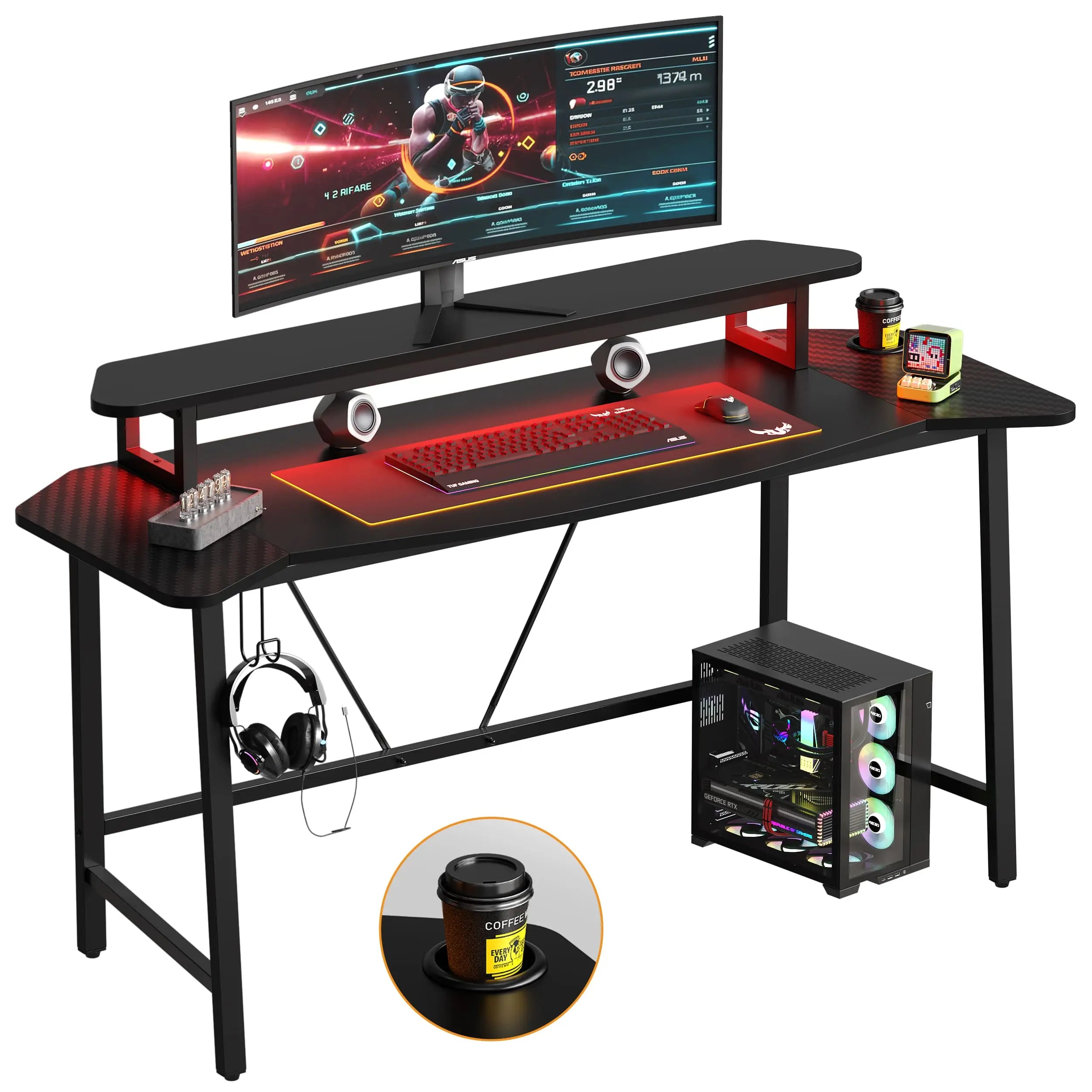 the black led gaming desk with monitor stand and headphone hook in the white background