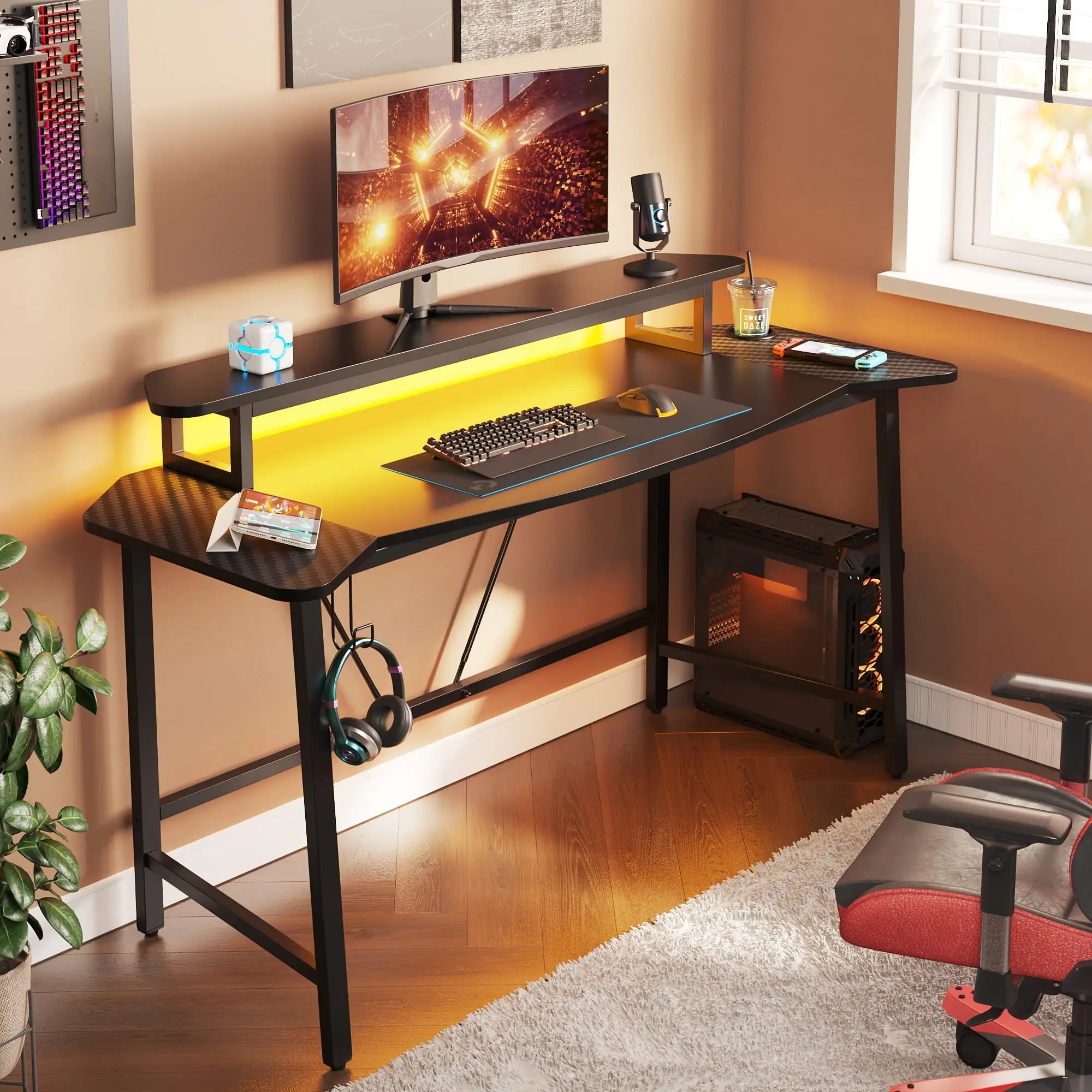 the black led gaming desk with monitor stand and headphone hook