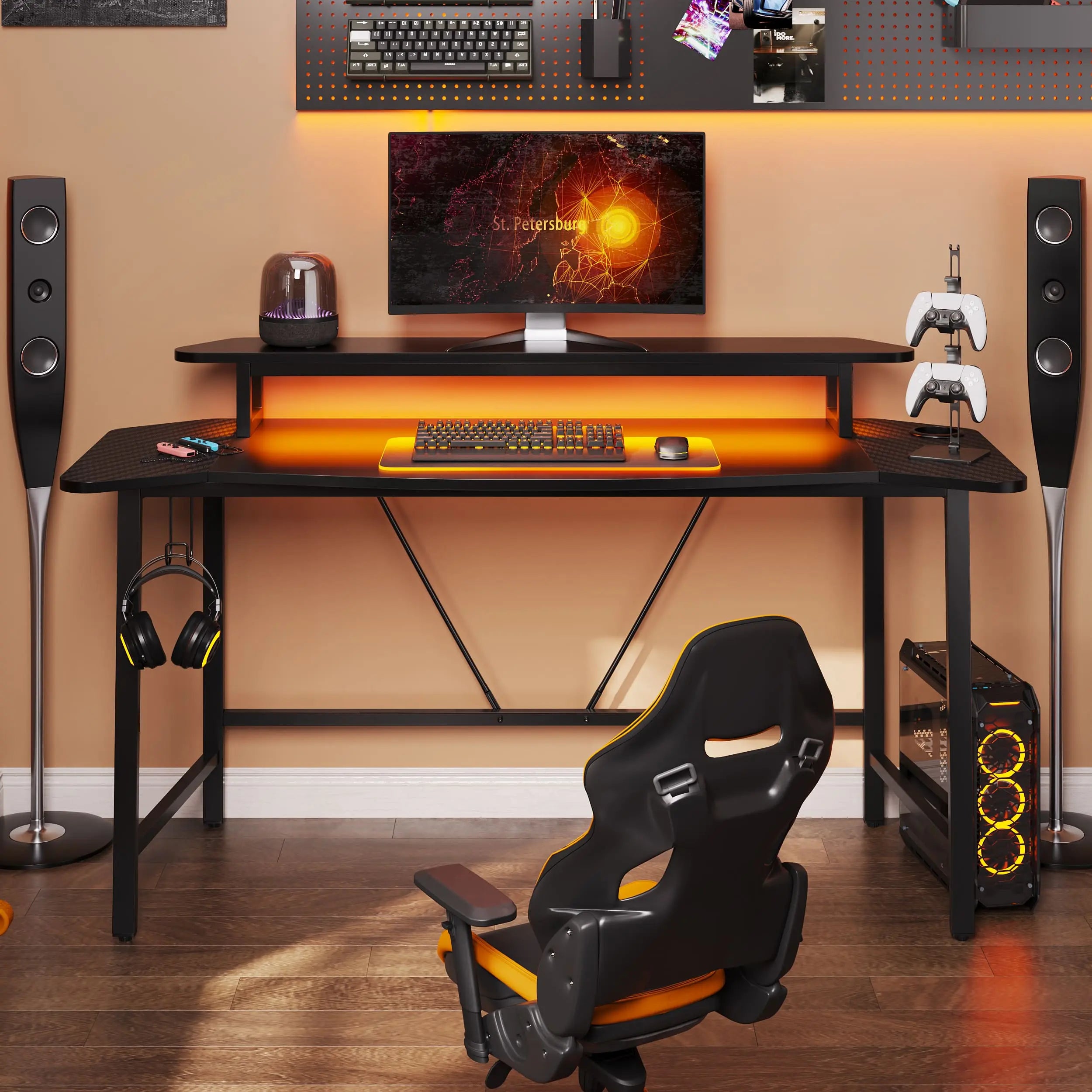 the black led gaming desk with monitor stand and headphone hook in a room