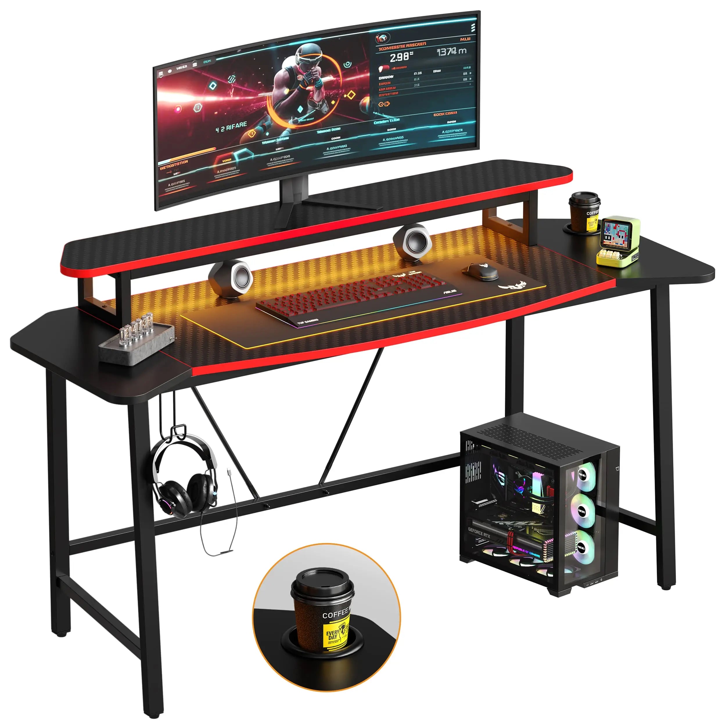 the balck fiber led gaming desk in the white background