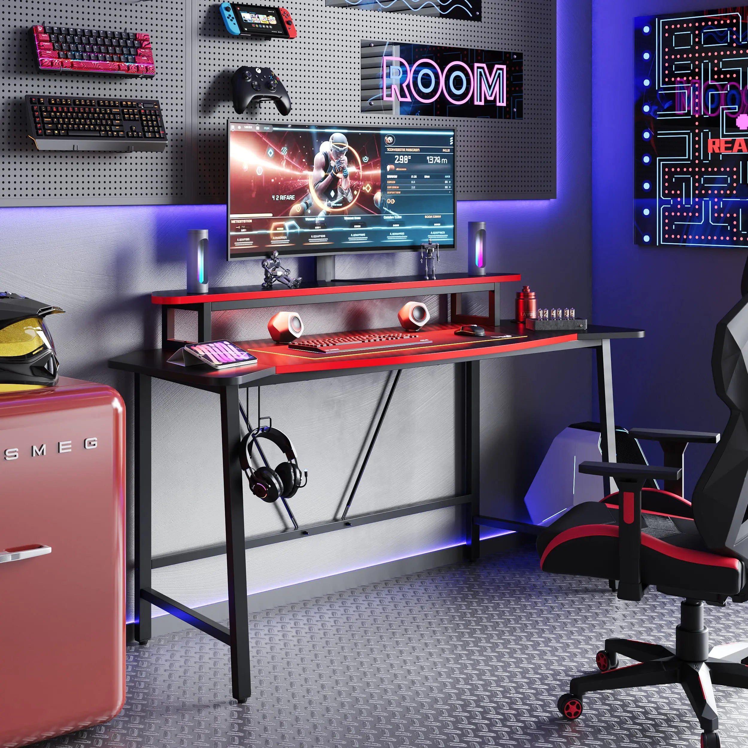 the black fiber  led gaming desk with monitor stand and headphone hook in a gaming room