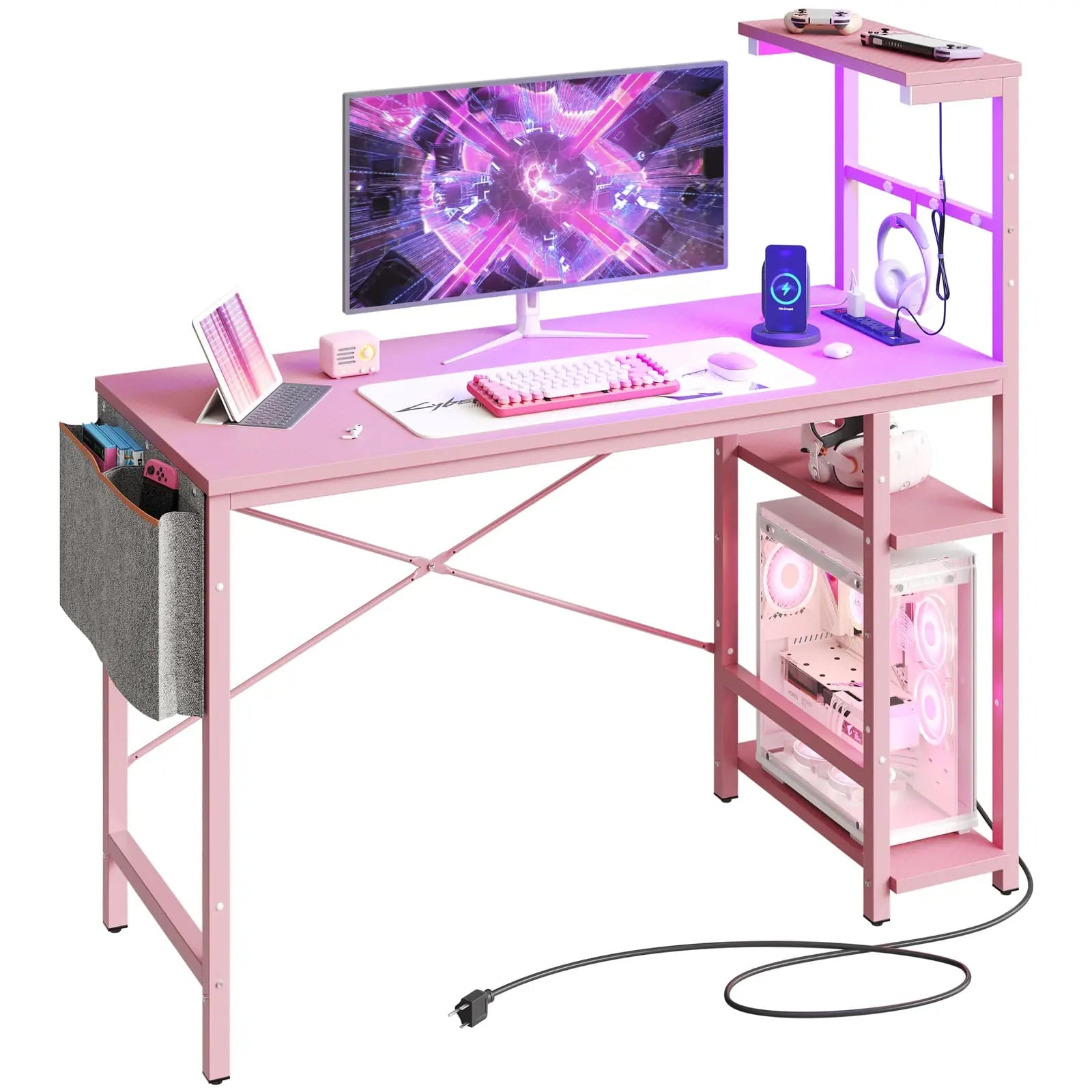 pink gaming desk with power oulets in the white background