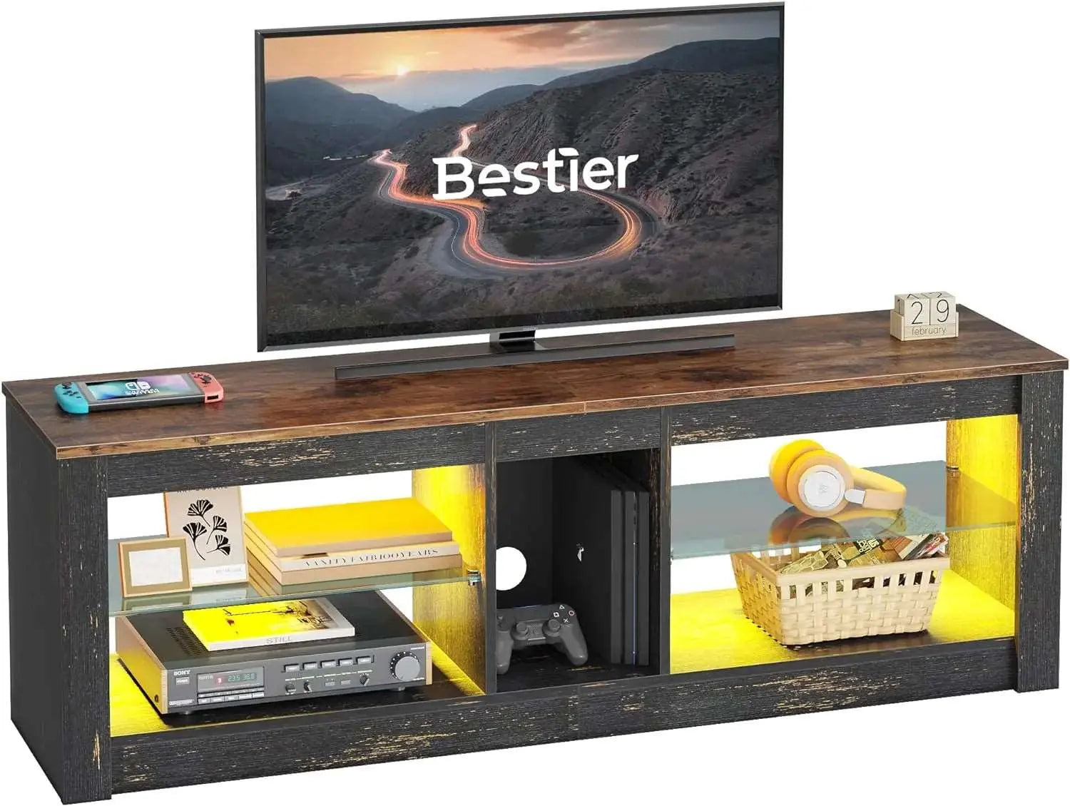 Bestier Entertainment Center LED Gaming TV Stand of Golden Black for 65/70 Inch TV Bestier
