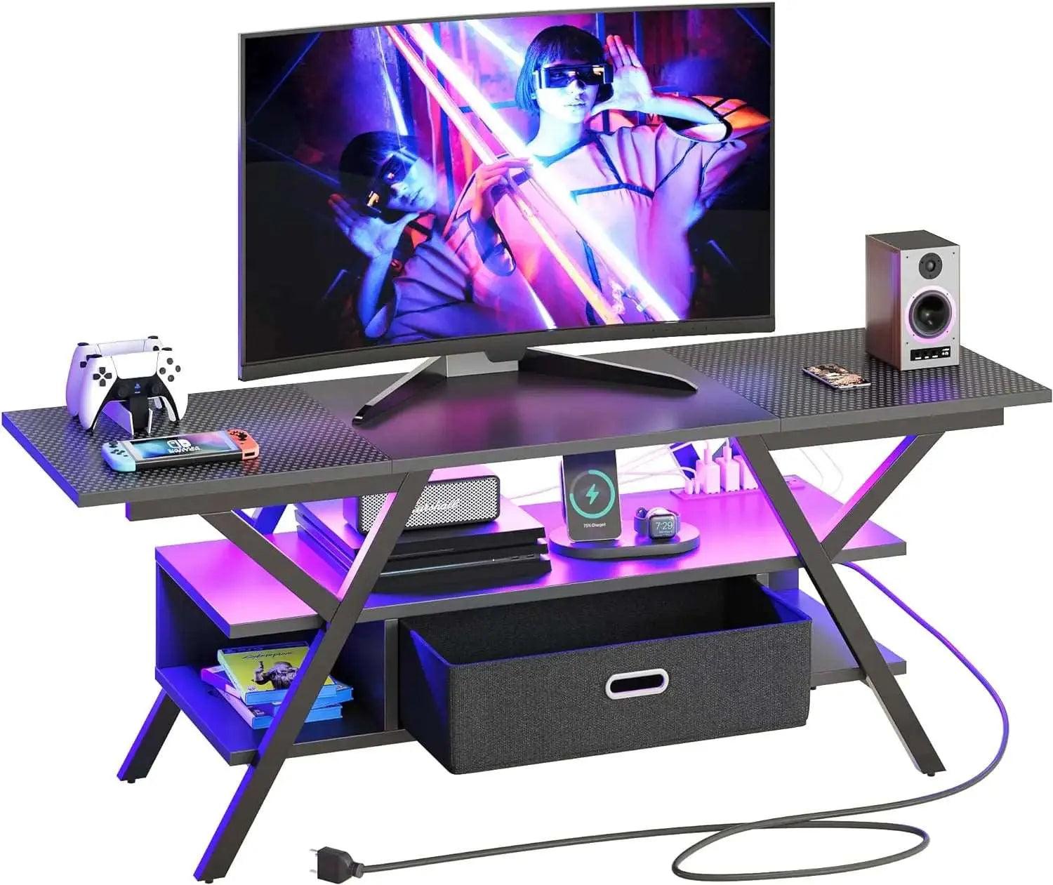 LED Gaming TV Stand of of Black Carbon Fiber for 65 inch TV Bestier and Convenient for storage