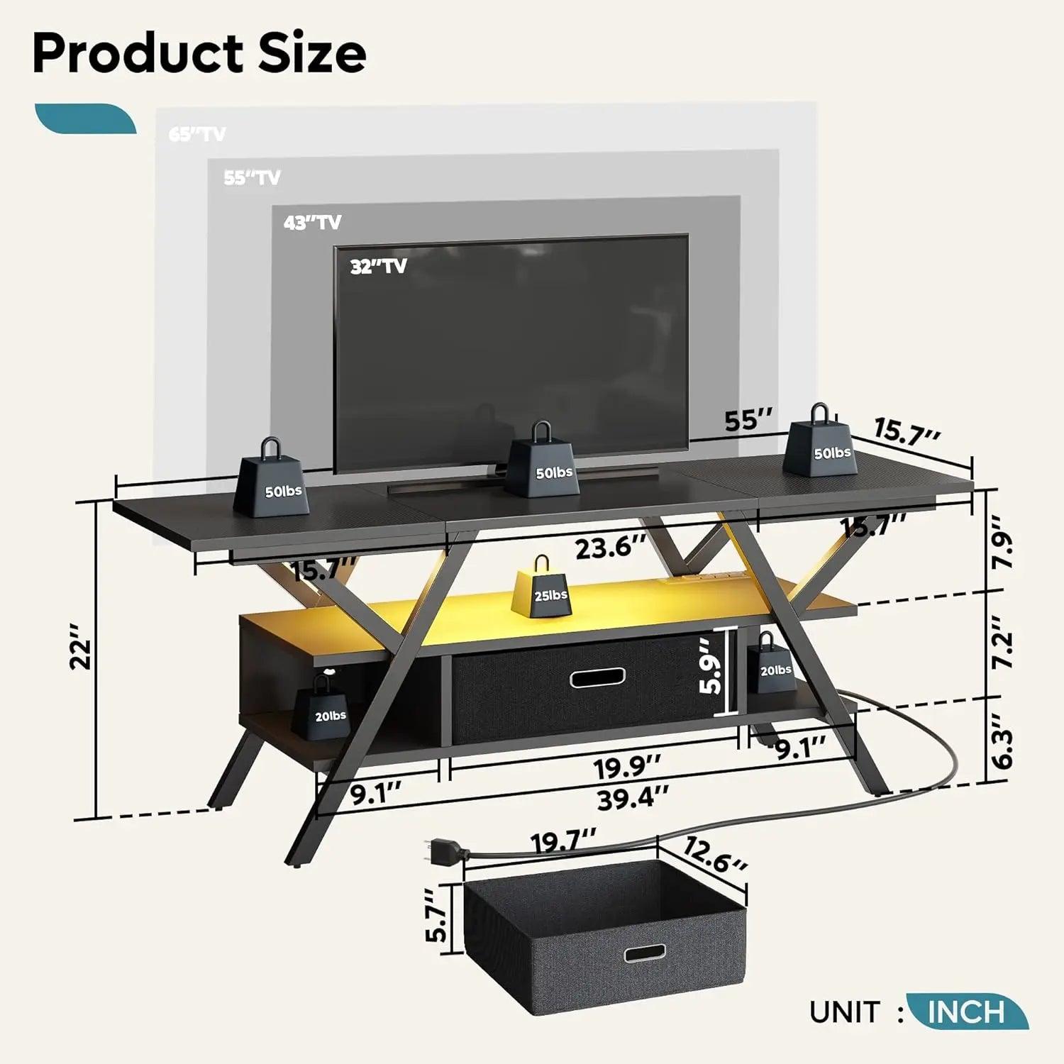 The size of Bestier LED Gaming TV Stand for 65 inch TV Bestier